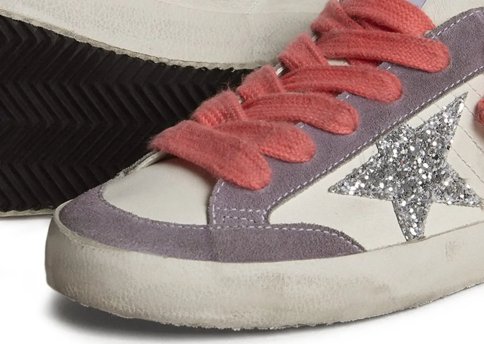 Golden Goose Super-Star White Leather Silver Star Lilac Heel - My Suti
