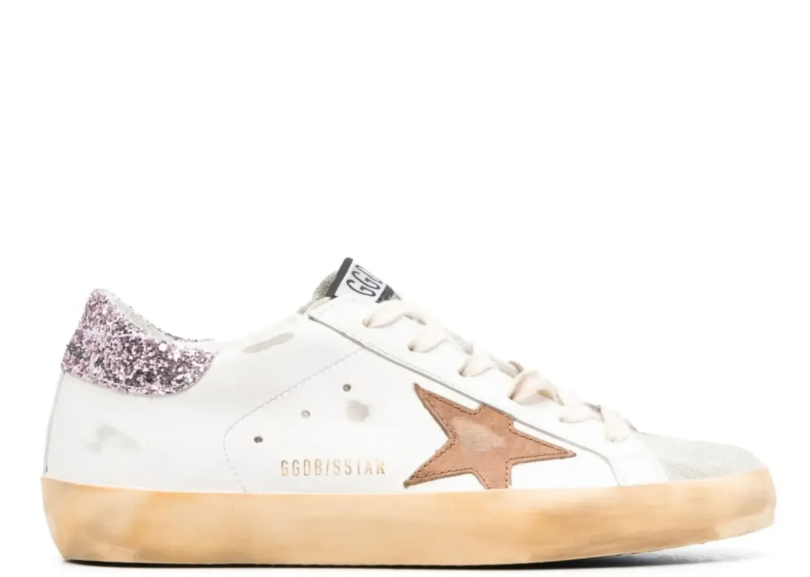 Golden Goose Super-Star White Leather Tan Star Pink Glitter Heel - My Suti