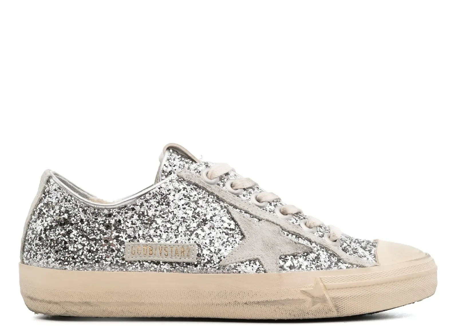 Golden Goose V-Star Silver Glitter Gray Suede Star Heel - My Suti