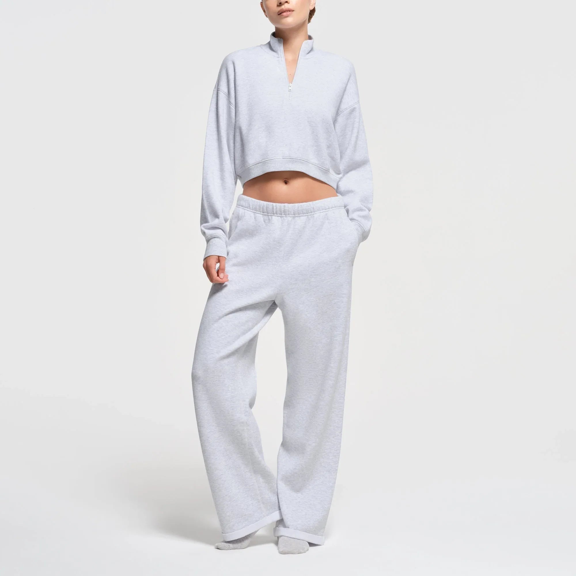 SKIMS COTTON FLEECE CROPPED HALF ZIP PULLOVER | LIGHT HEATHER GREY - KAPŞONLU ÜST - My Suti