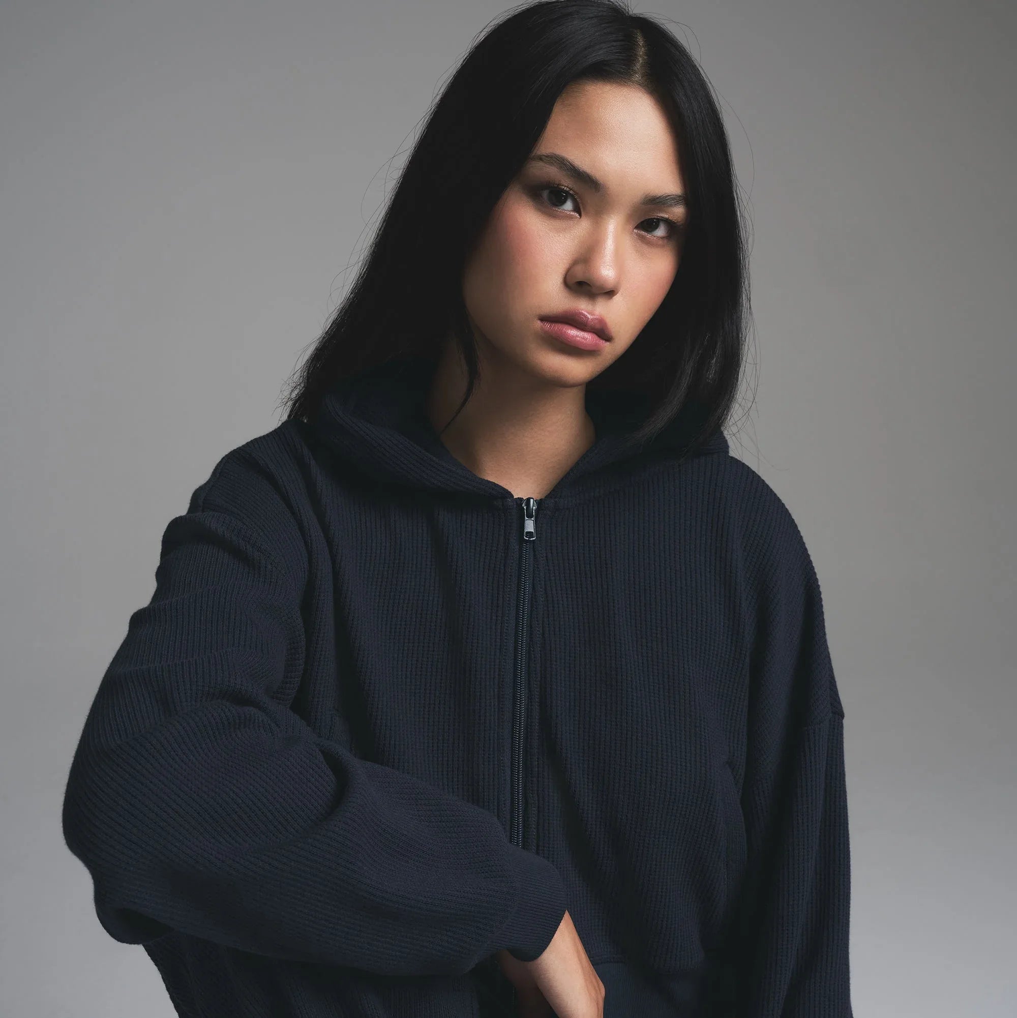 SKIMS HEAVY WAFFLE CROPPED ZIP UP HOODIE | NAVY - KAPŞONLU ÜST - My Suti