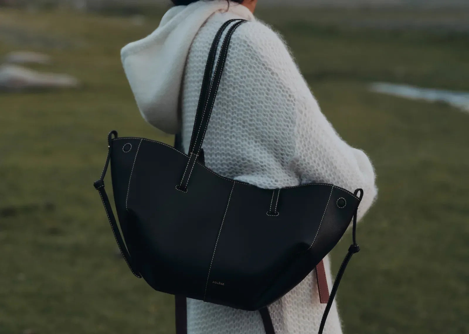 Polène Cyme Mini Edition Textured Black With Ecru Stitching - My Suti