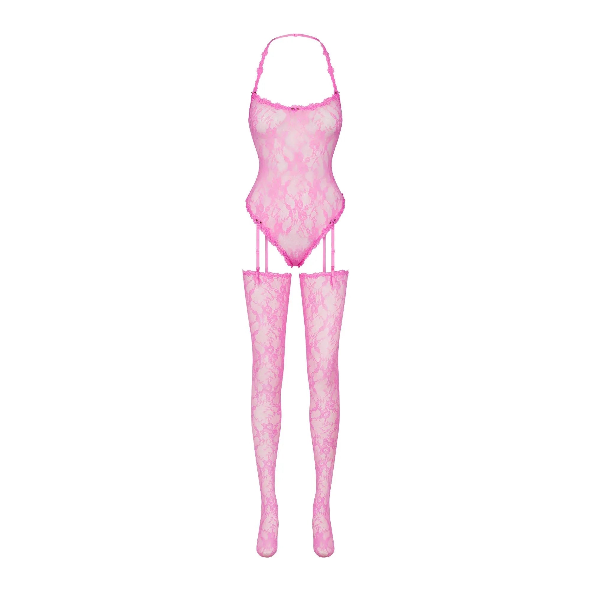 SKIMS STRETCH LACE BODYSUIT AND STOCKINGS SET | SUGAR PINK - BODYSUIT VE ÇORAP SETİ - My Suti