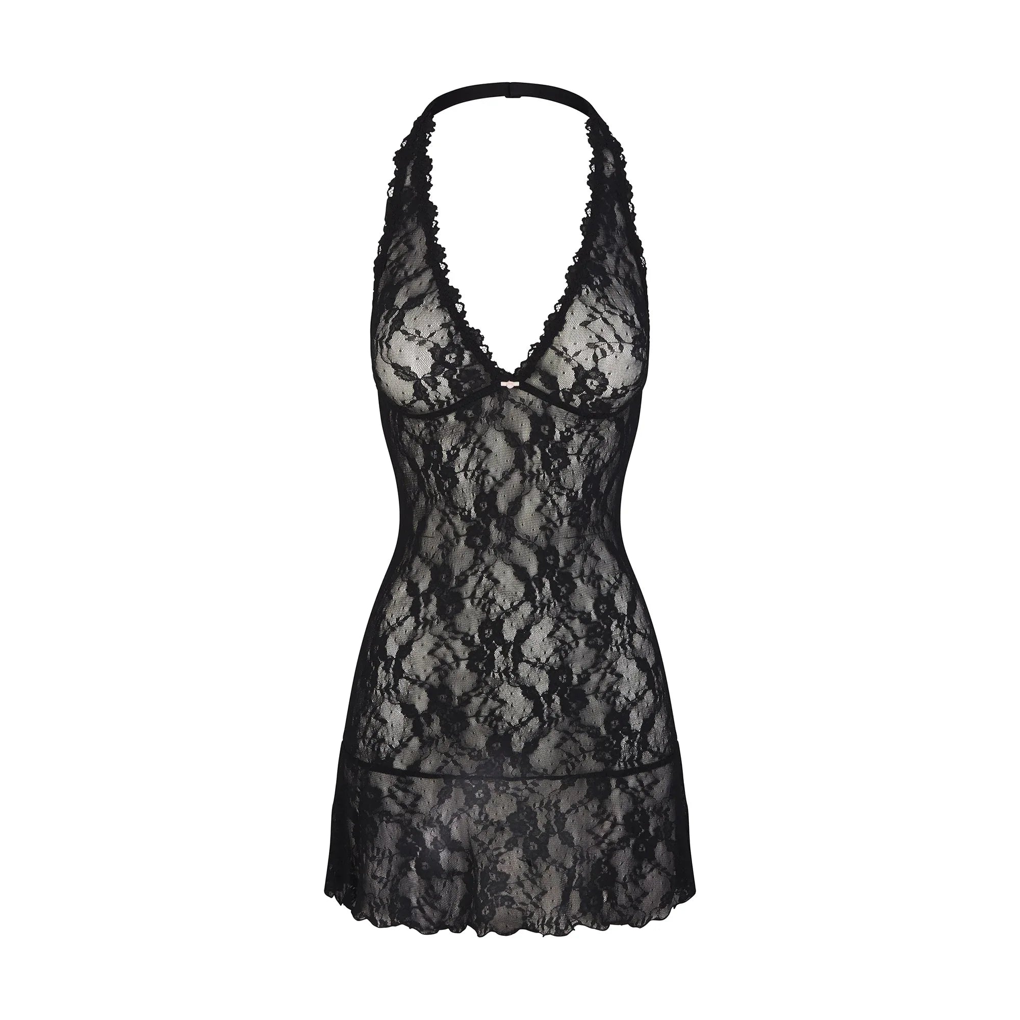 SKIMS STRETCH LACE HALTER MINI DRESS | ONYX - ELBİSE - My Suti