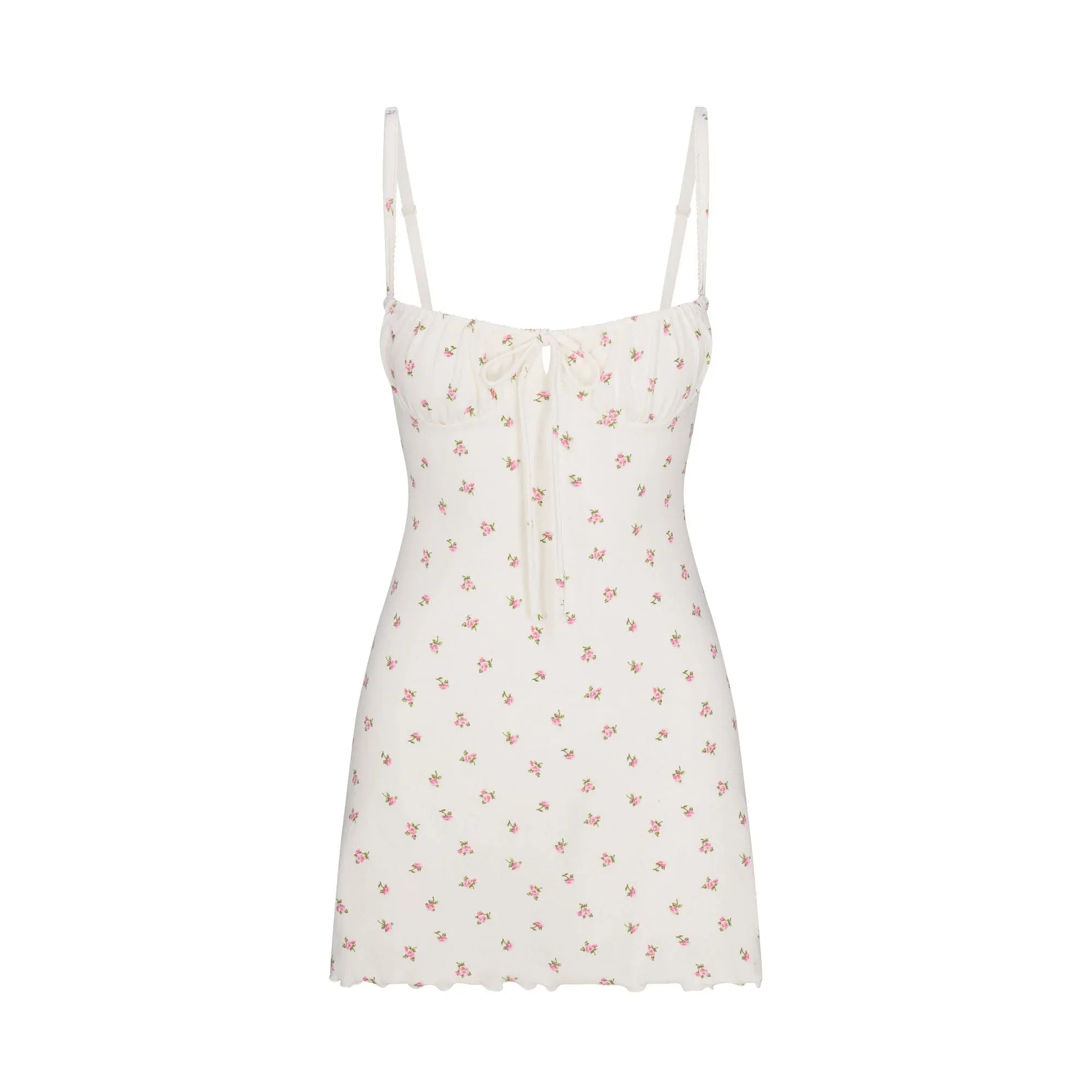 SKIMS LOGO POINTELLE MINI DRESS | MARBLE PINK ROSEBUD PRINT - ELBİSE - My Suti