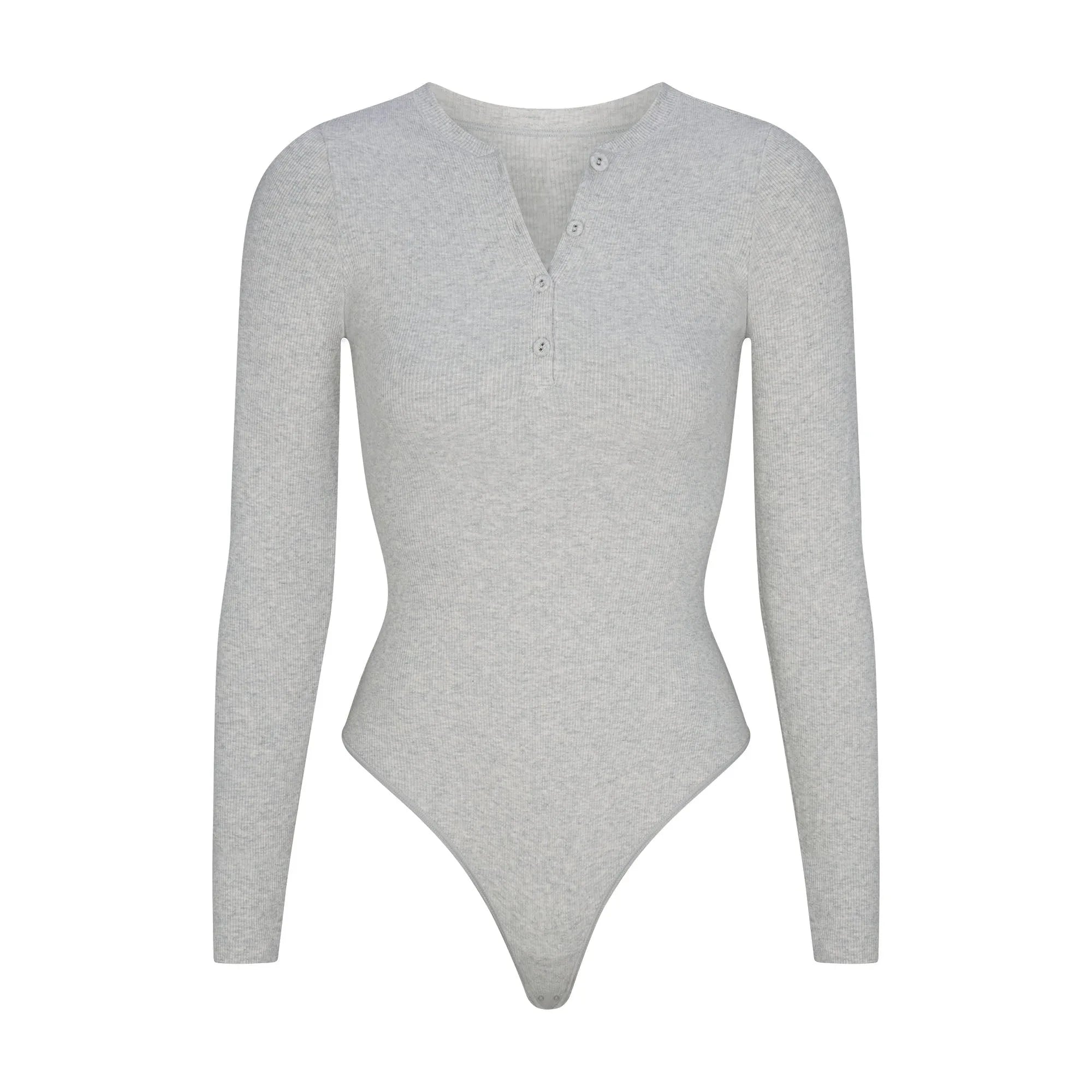 SKIMS COTTON RIB LONG SLEEVE HENLEY BODYSUIT | LIGHT HEATHER GREY - BODYSUIT - My Suti