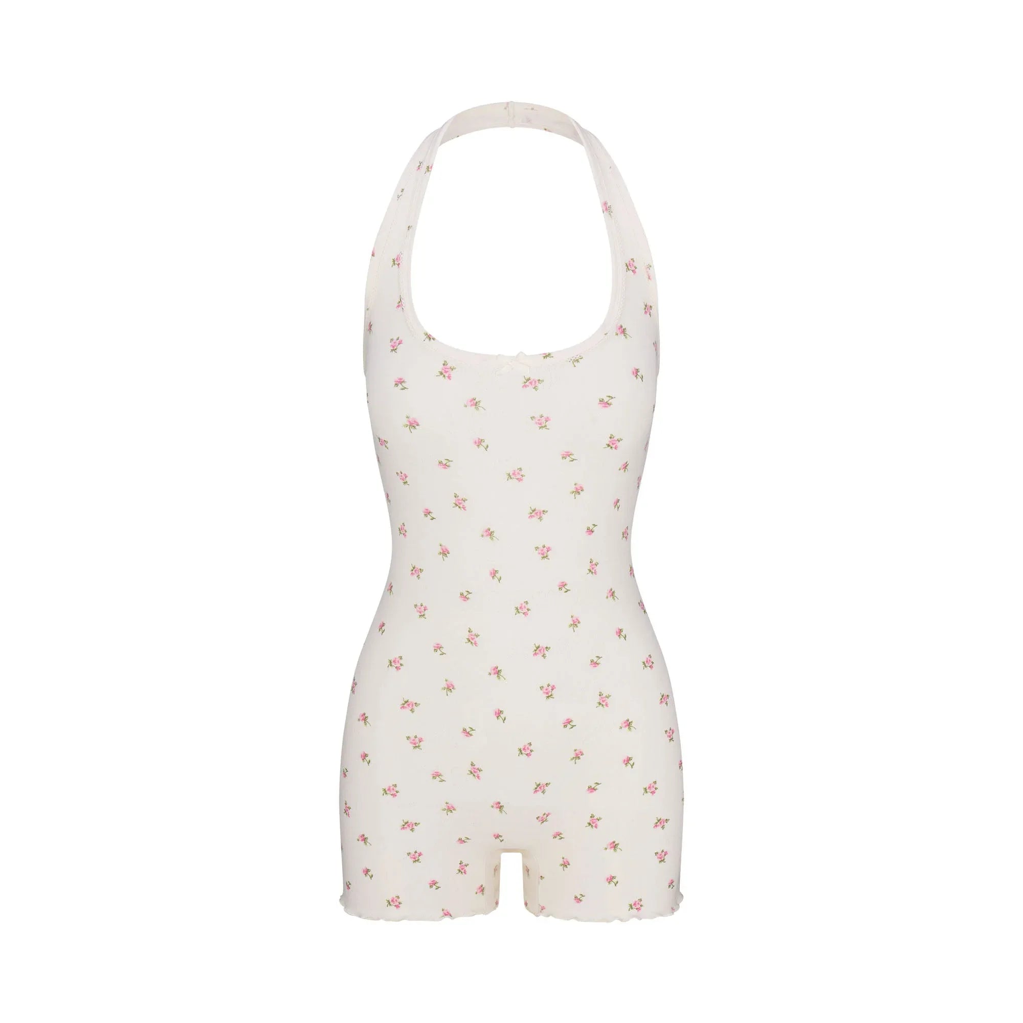 SKIMS LOGO POINTELLE HALTER ONESIE | MARBLE PINK ROSEBUD PRINT - TULUM - My Suti