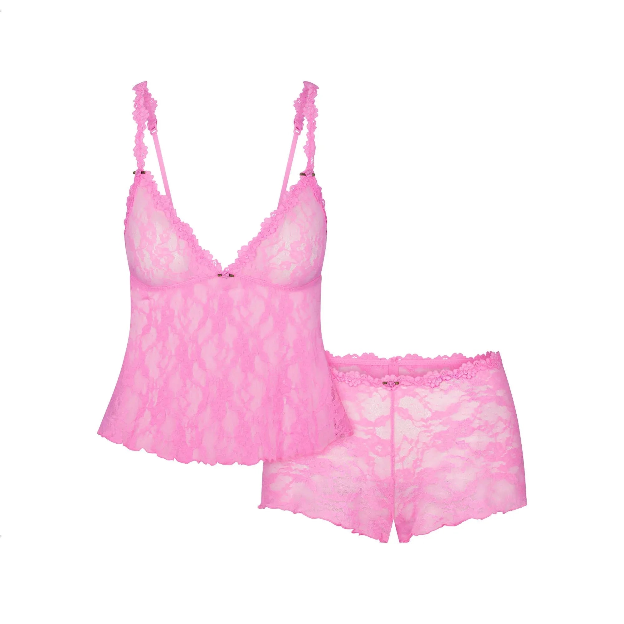 SKIMS STRETCH LACE TRIANGLE CAMI AND SHORT SET | SUGAR PINK - TAKIM - My Suti