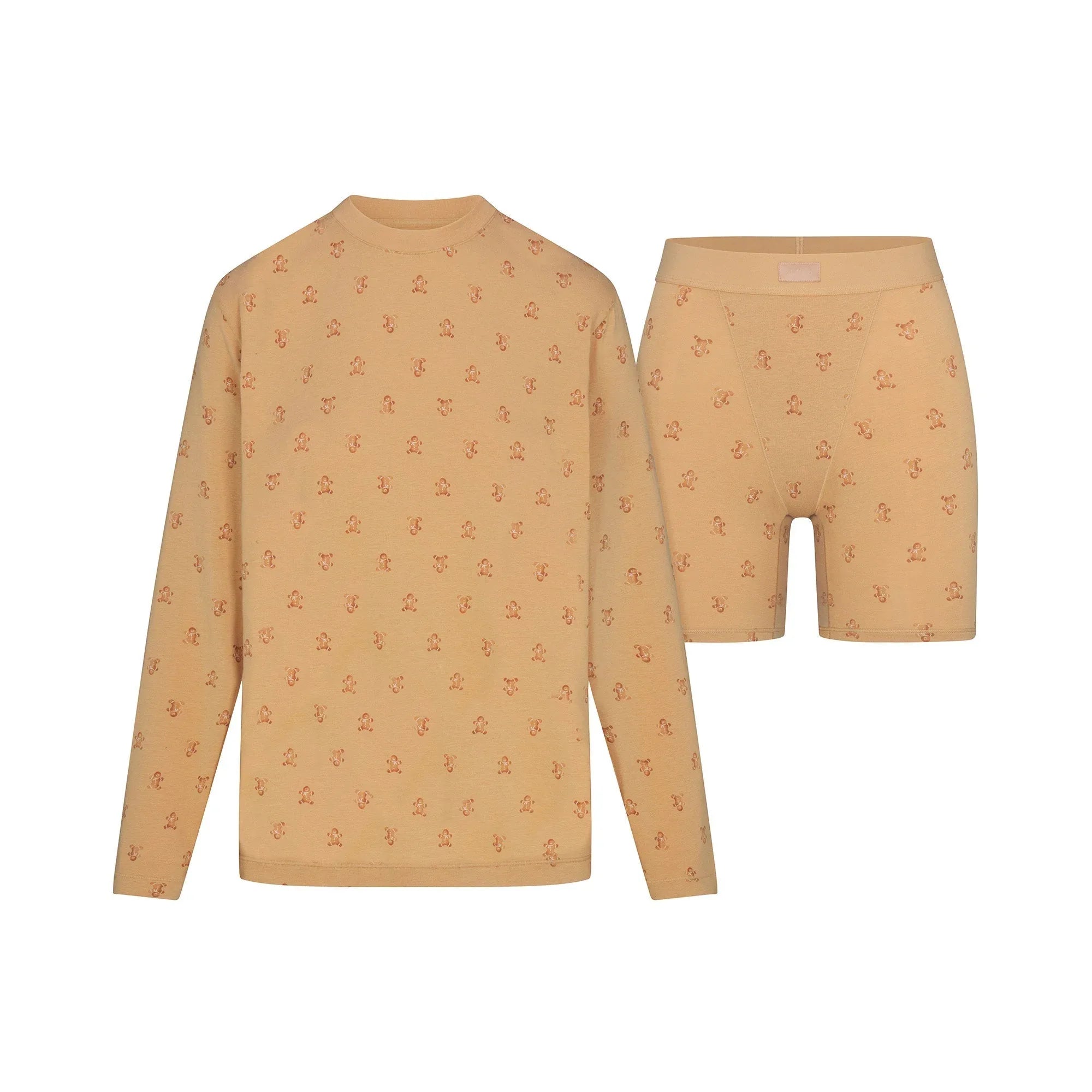 SKIMS BOYFRIEND LONG SLEEVE T-SHIRT AND BOXER SET | CARAMEL GINGERBREAD PRINT - TAKIM - My Suti