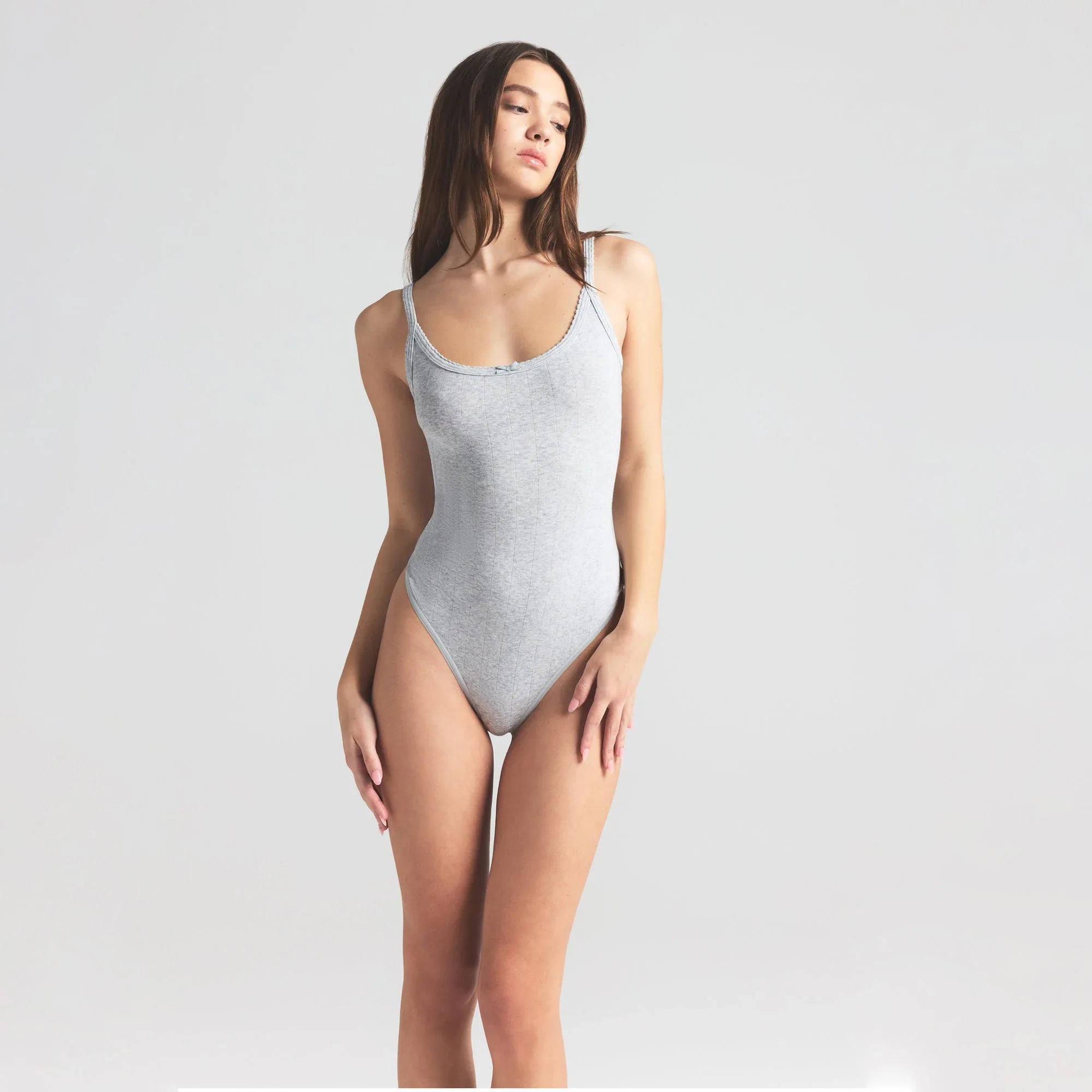 SKIMS DROP NEEDLE POINTELLE CAMI BODYSUIT | LIGHT HEATHER GREY - BODYSUIT - My Suti