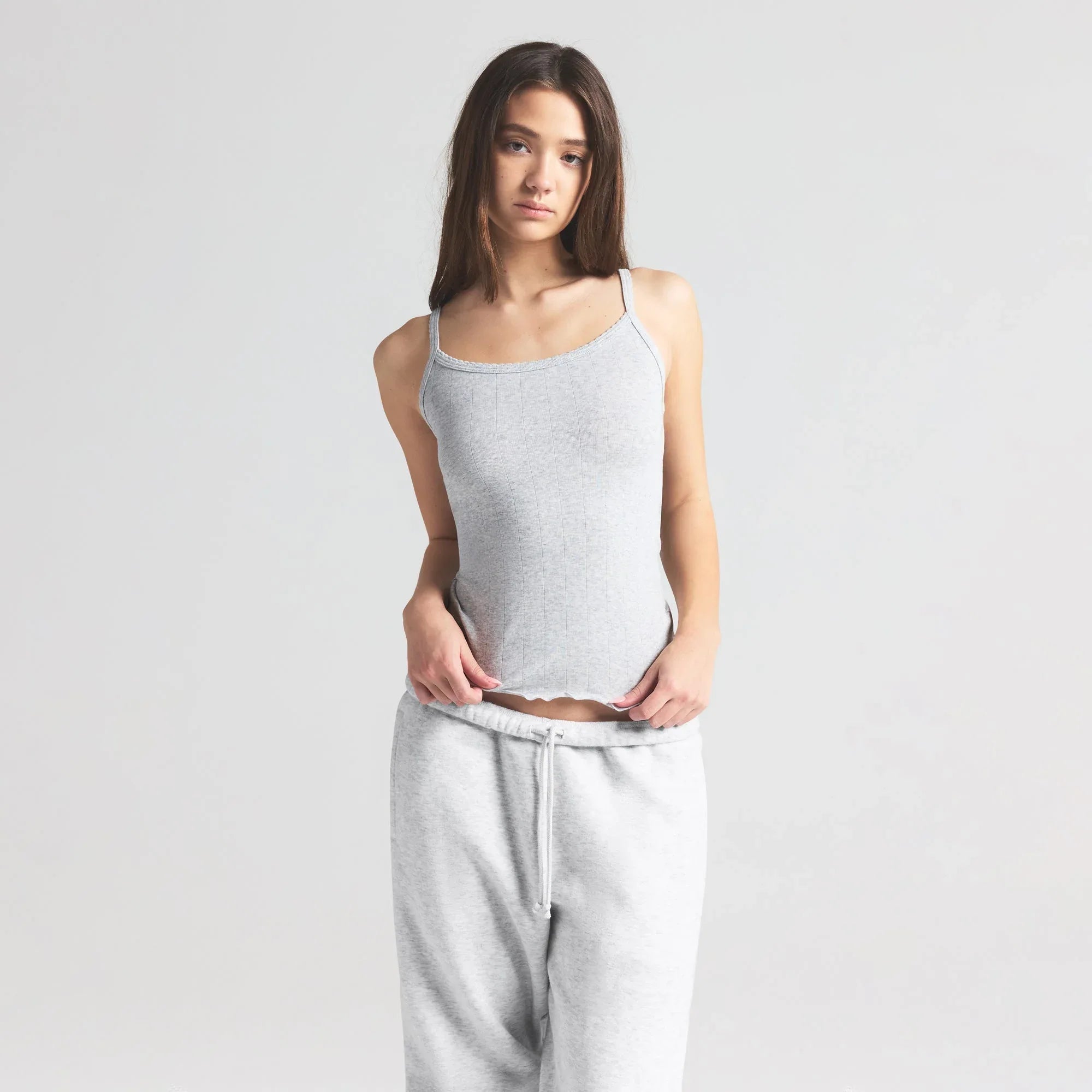 SKIMS DROP NEEDLE POINTELLE LONG CAMI | LIGHT HEATHER GREY - TİŞÖRT - My Suti