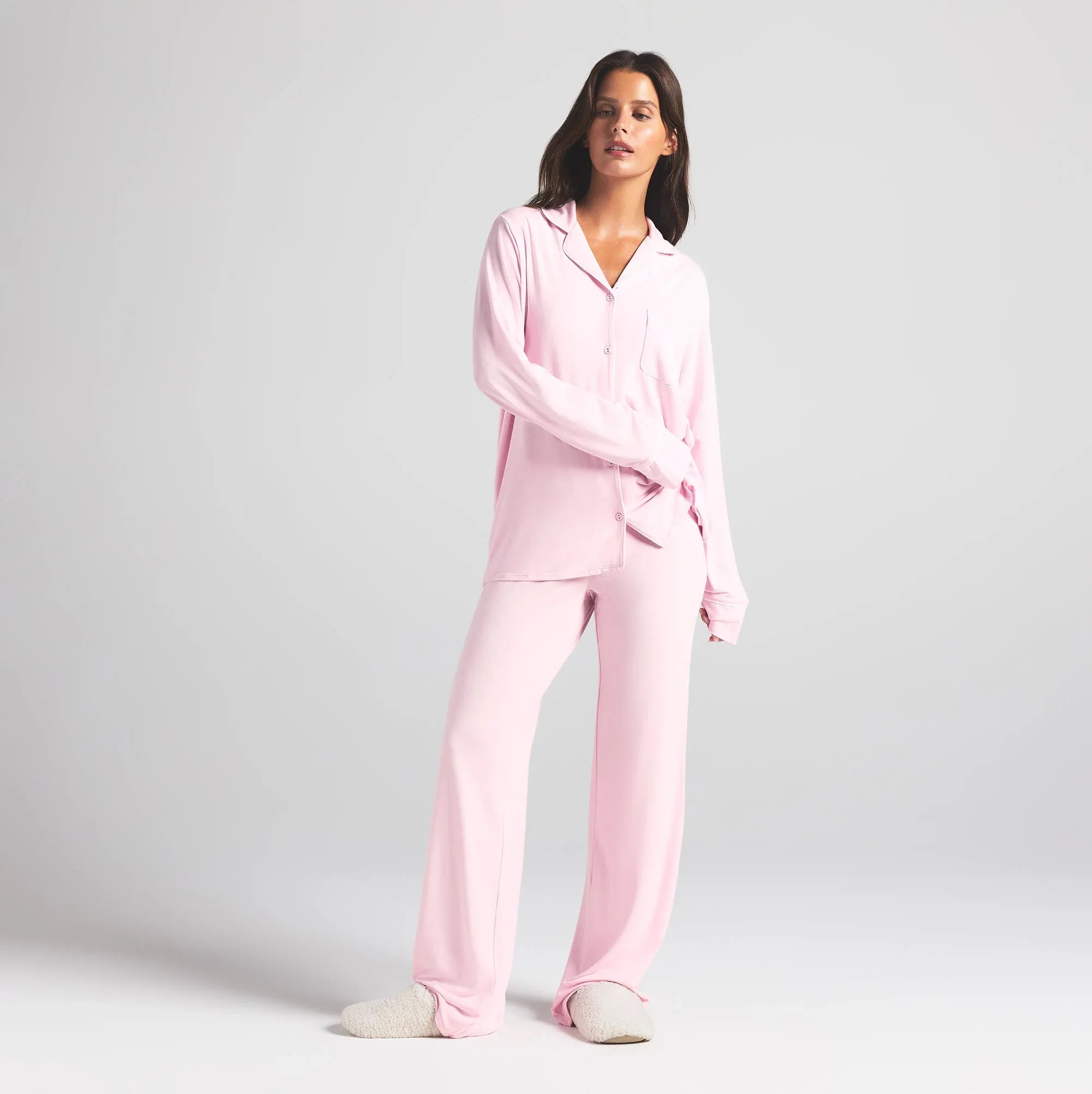 SKIMS SLEEP LONG SLEEVE BUTTON UP SET | CHERRY BLOSSOM CONTRAST - PİJAMA TAKIMI - My Suti