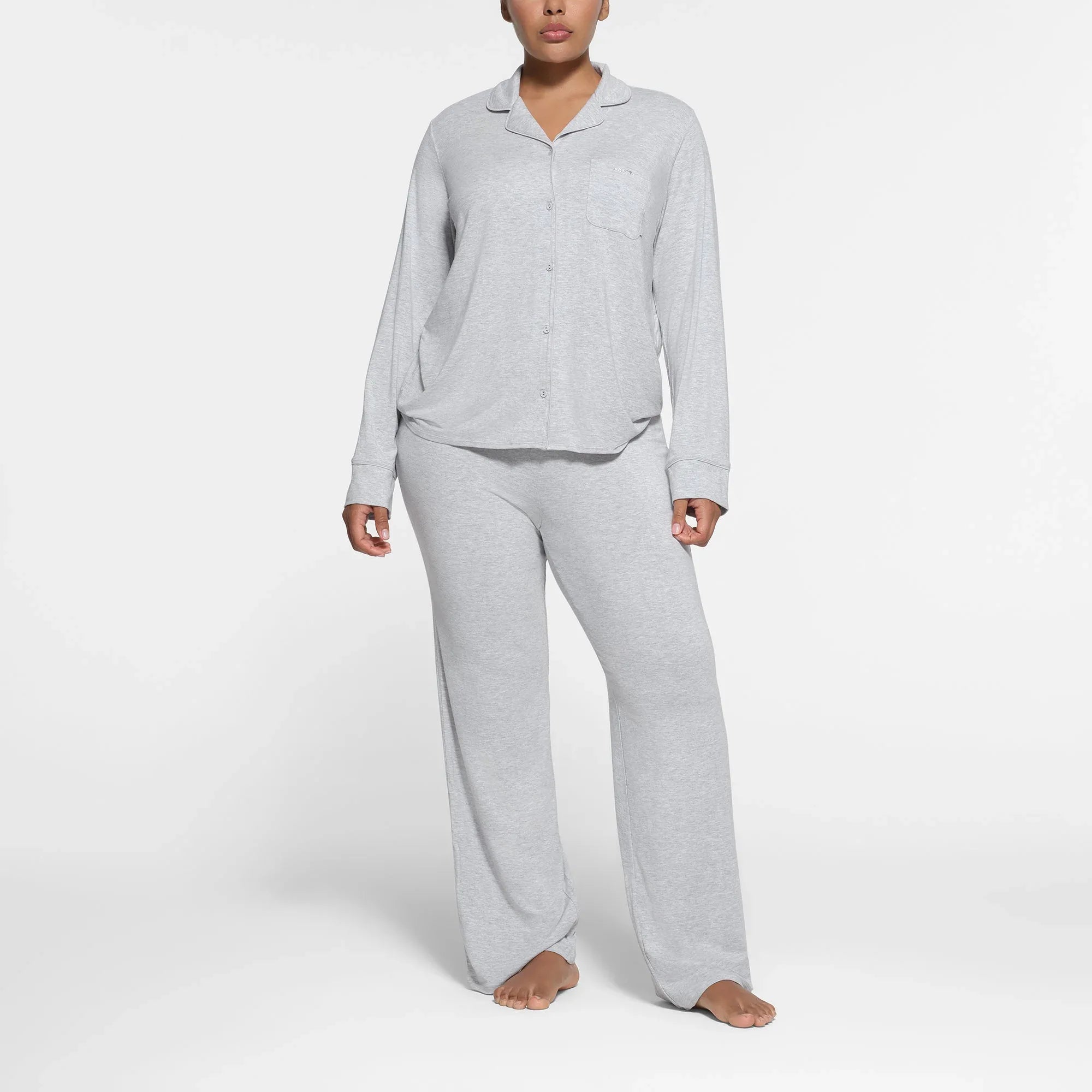 SKIMS SLEEP LONG SLEEVE BUTTON UP SET | LIGHT HEATHER GREY - PİJAMA TAKIMI - My Suti