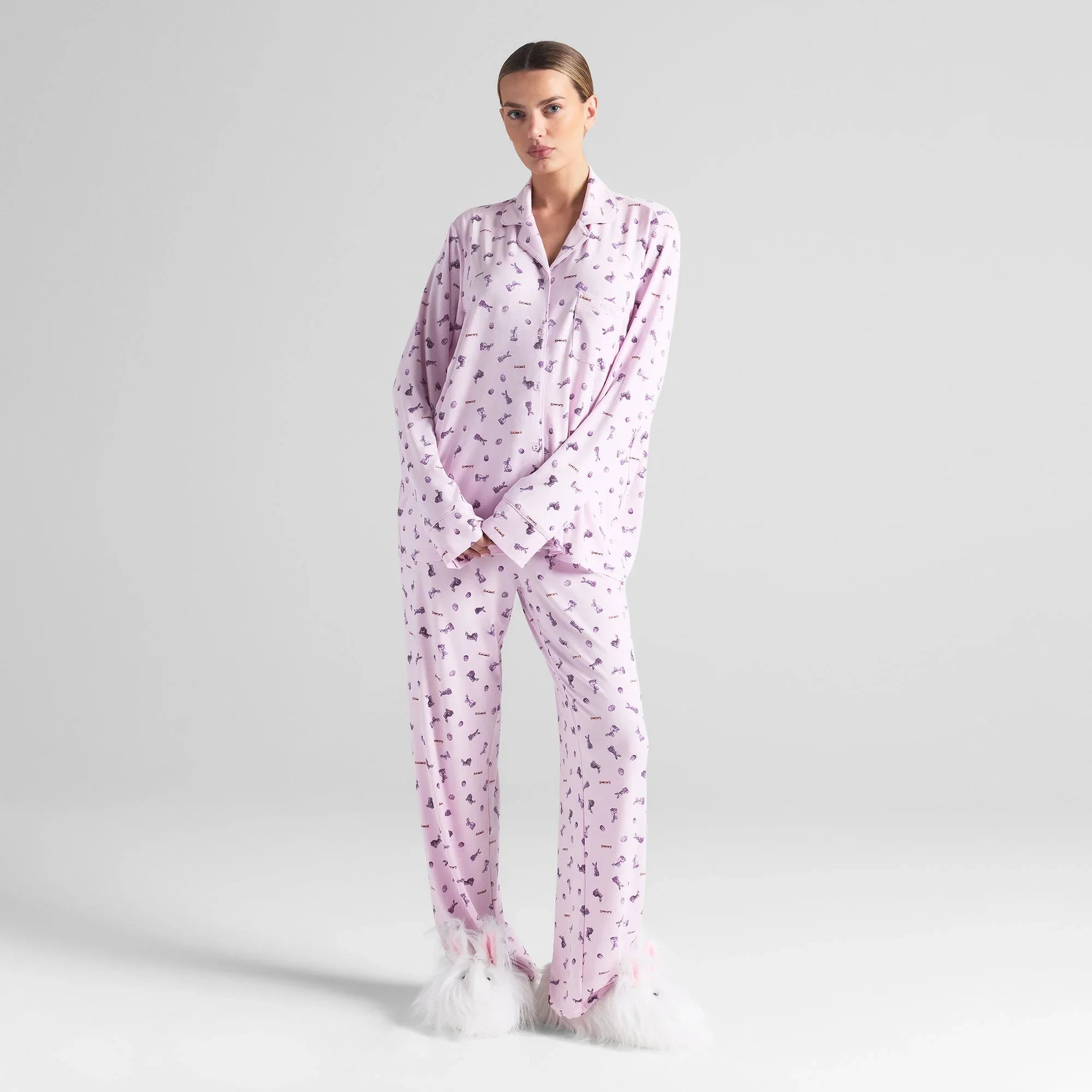 SKIMS SLEEP LONG SLEEVE BUTTON UP SET | WILDROSE BUNNY PRINT - PİJAMA TAKIMI - My Suti