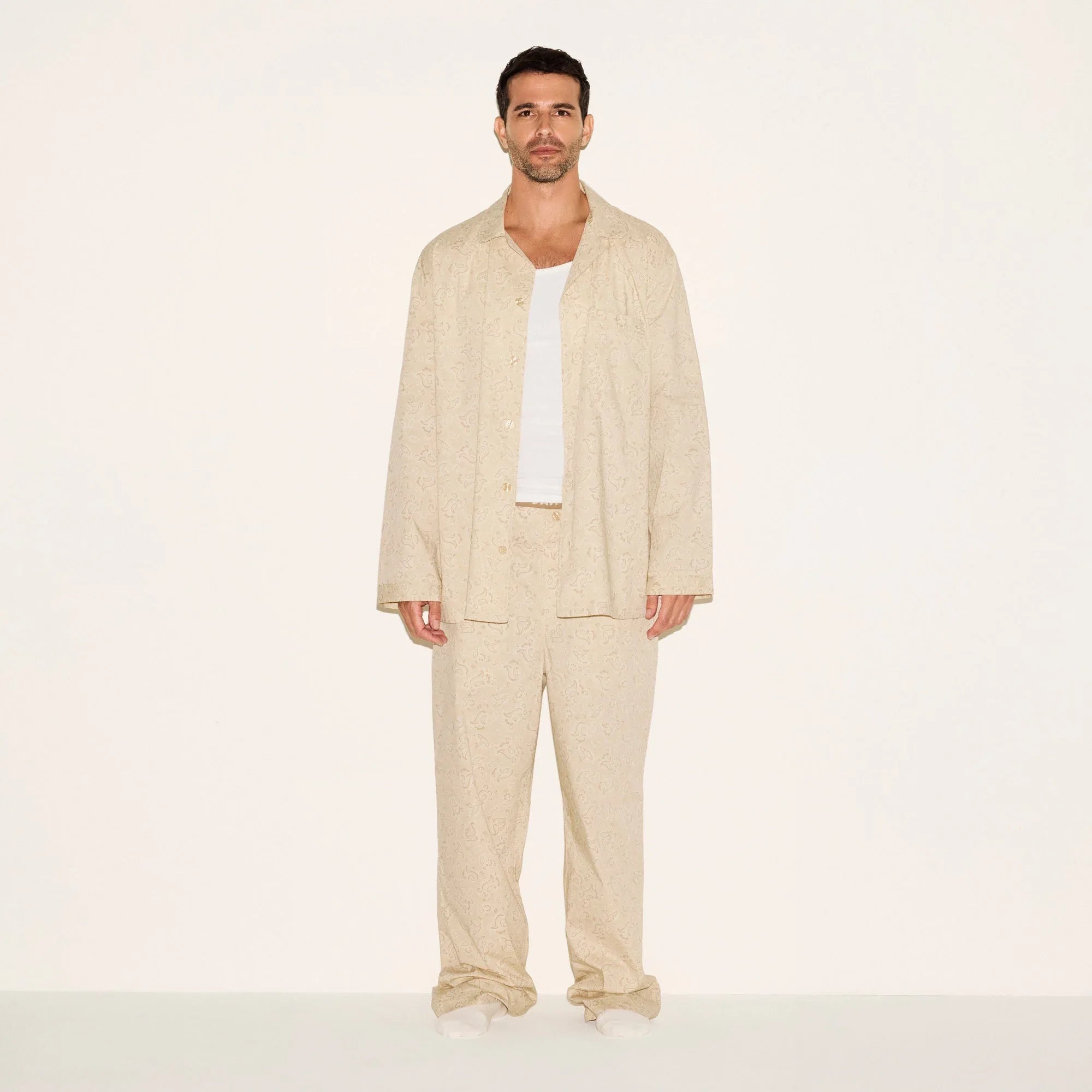 SKIMS COTTON POPLIN MENS LONG SLEEP SET | TAN PAISLEY PRINT - PİJAMA TAKIMI - My Suti