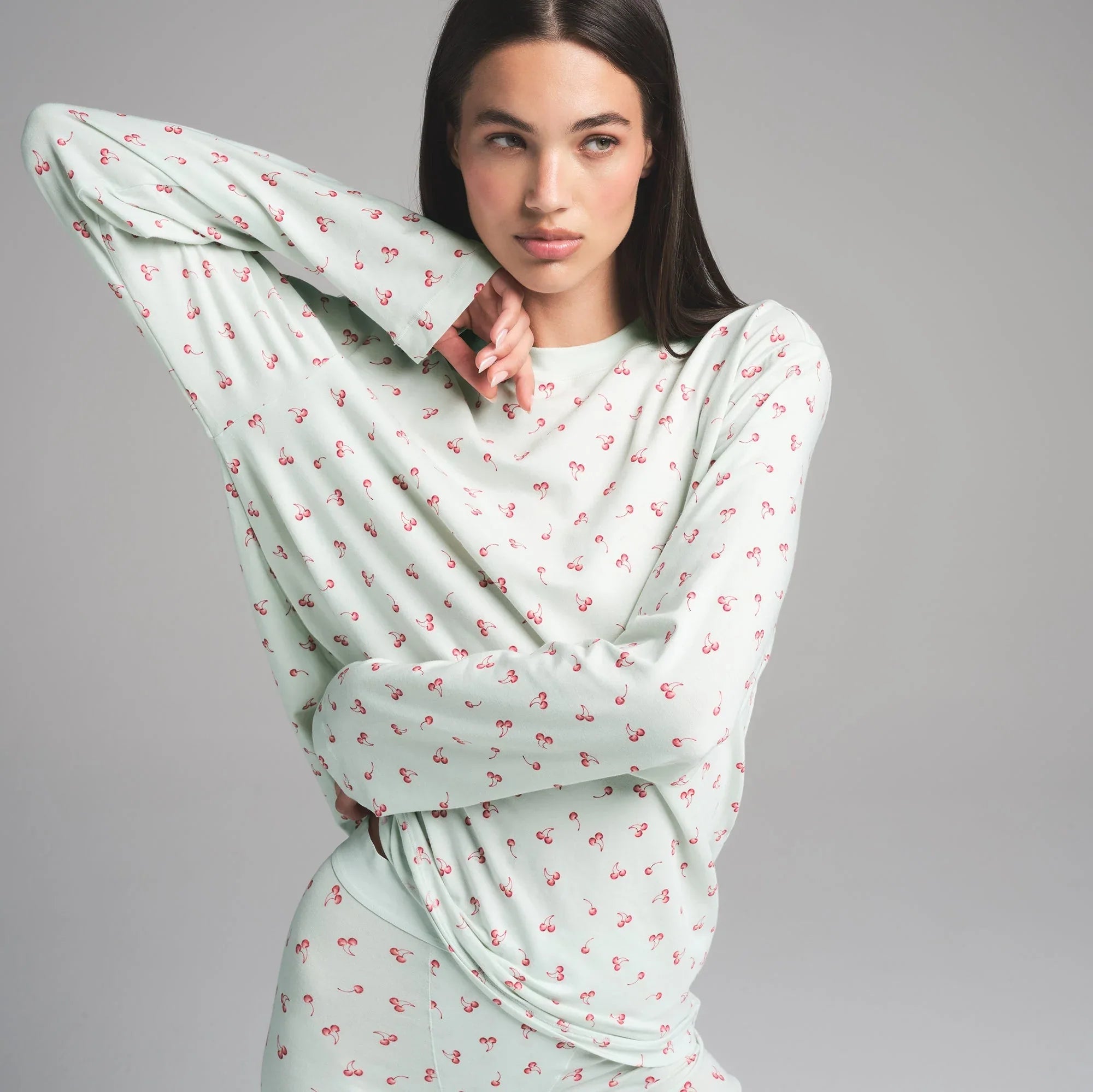 SKIMS BOYFRIEND LONG SLEEVE T-SHIRT AND BOXER SET | CLOUD CHERRY PRINT - TİŞÖRT - My Suti