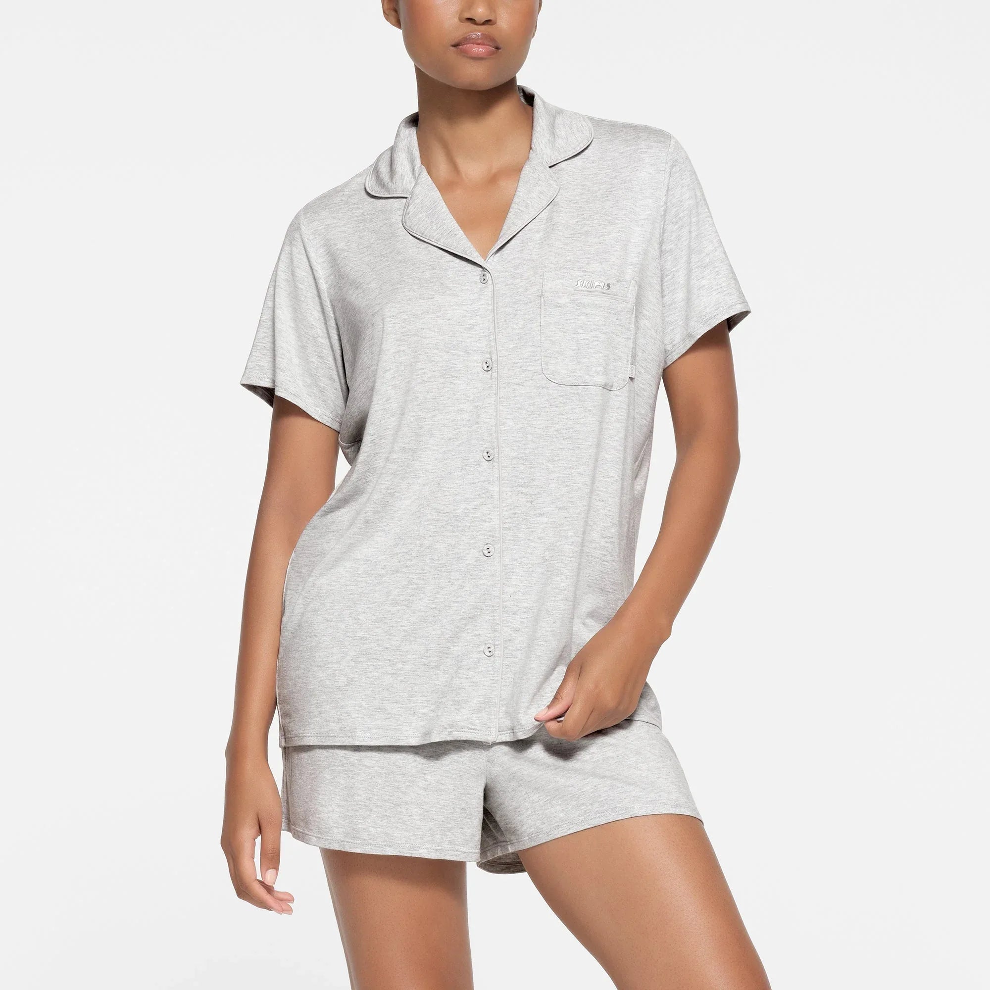 SKIMS SLEEP SHORT SLEEVE BUTTON UP SET | LIGHT HEATHER GREY - PİJAMA TAKIMI - My Suti