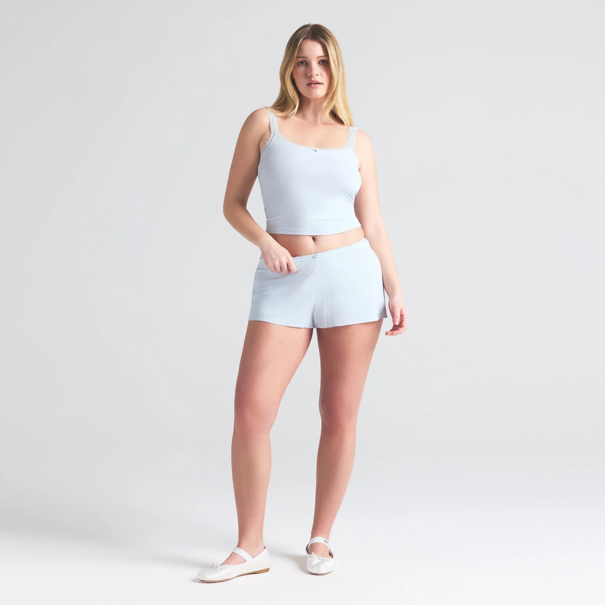 SKIMS SOFT LOUNGE LACE CAMI AND SHORT SET | BLUE QUARTZ - TAKIM - My Suti