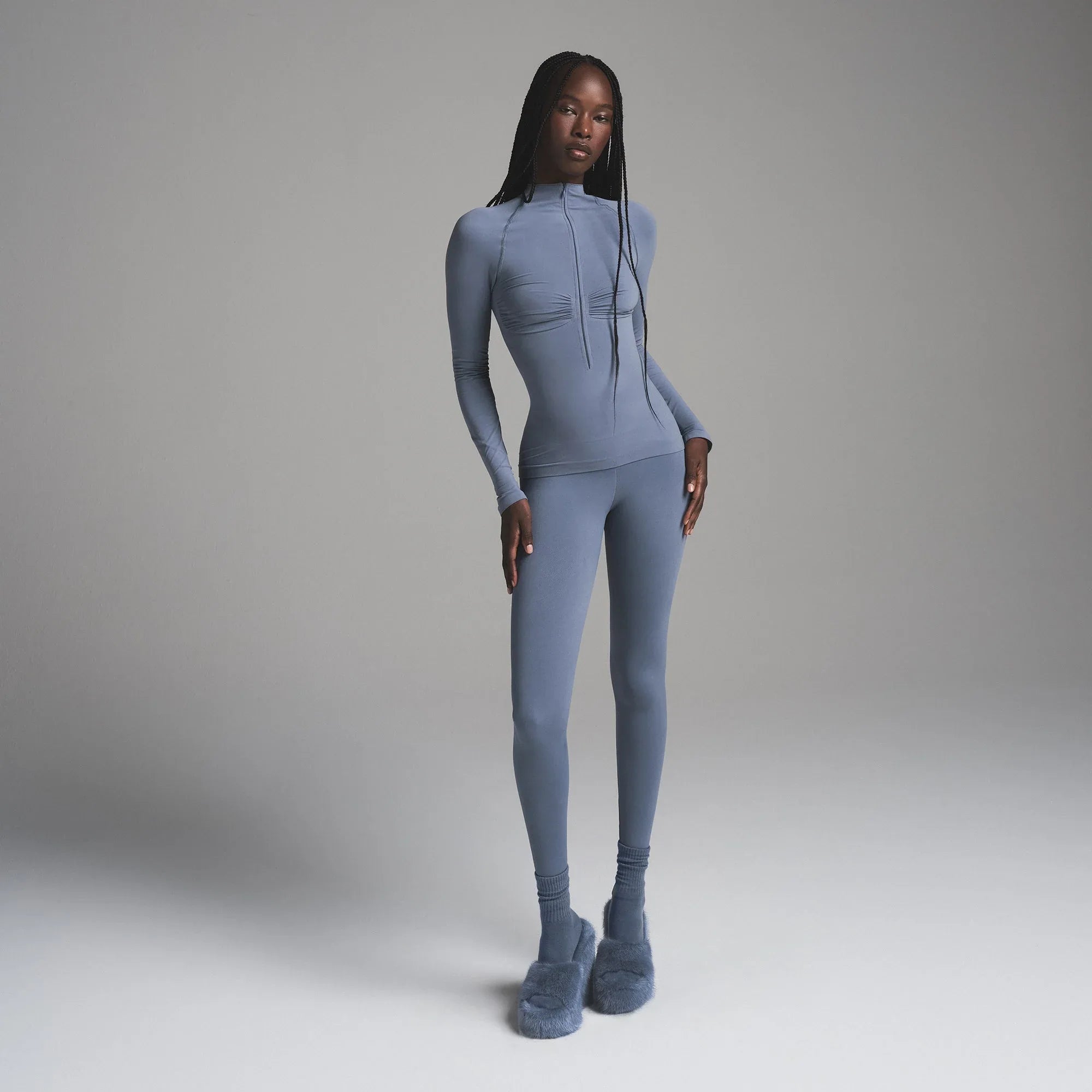SKIMS SEAMLESS SCULPT ZIP FRONT LONG SLEEVE T-SHIRT | STEEL BLUE - TİŞÖRT - My Suti