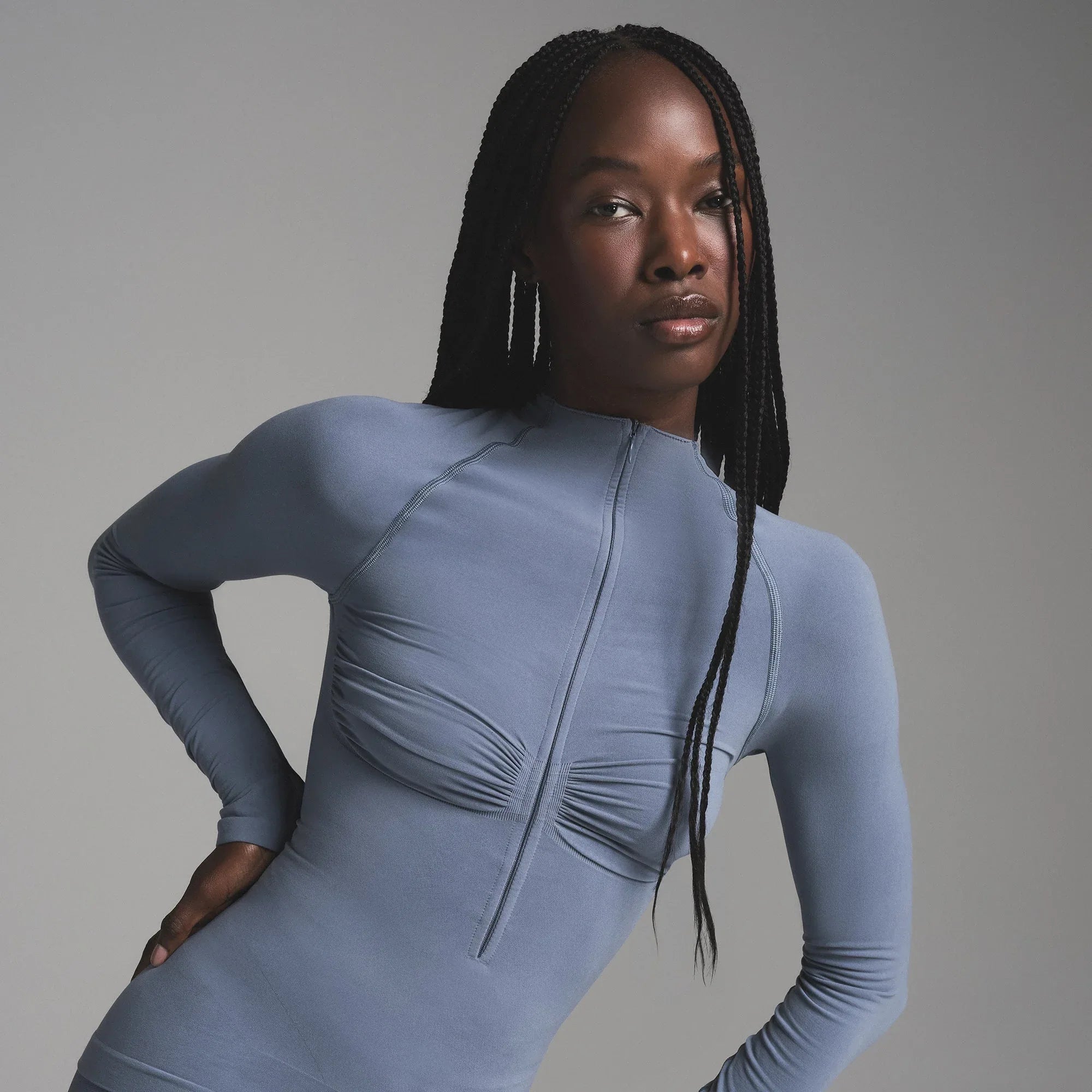 SKIMS SEAMLESS SCULPT ZIP FRONT LONG SLEEVE T-SHIRT | STEEL BLUE - TİŞÖRT - My Suti