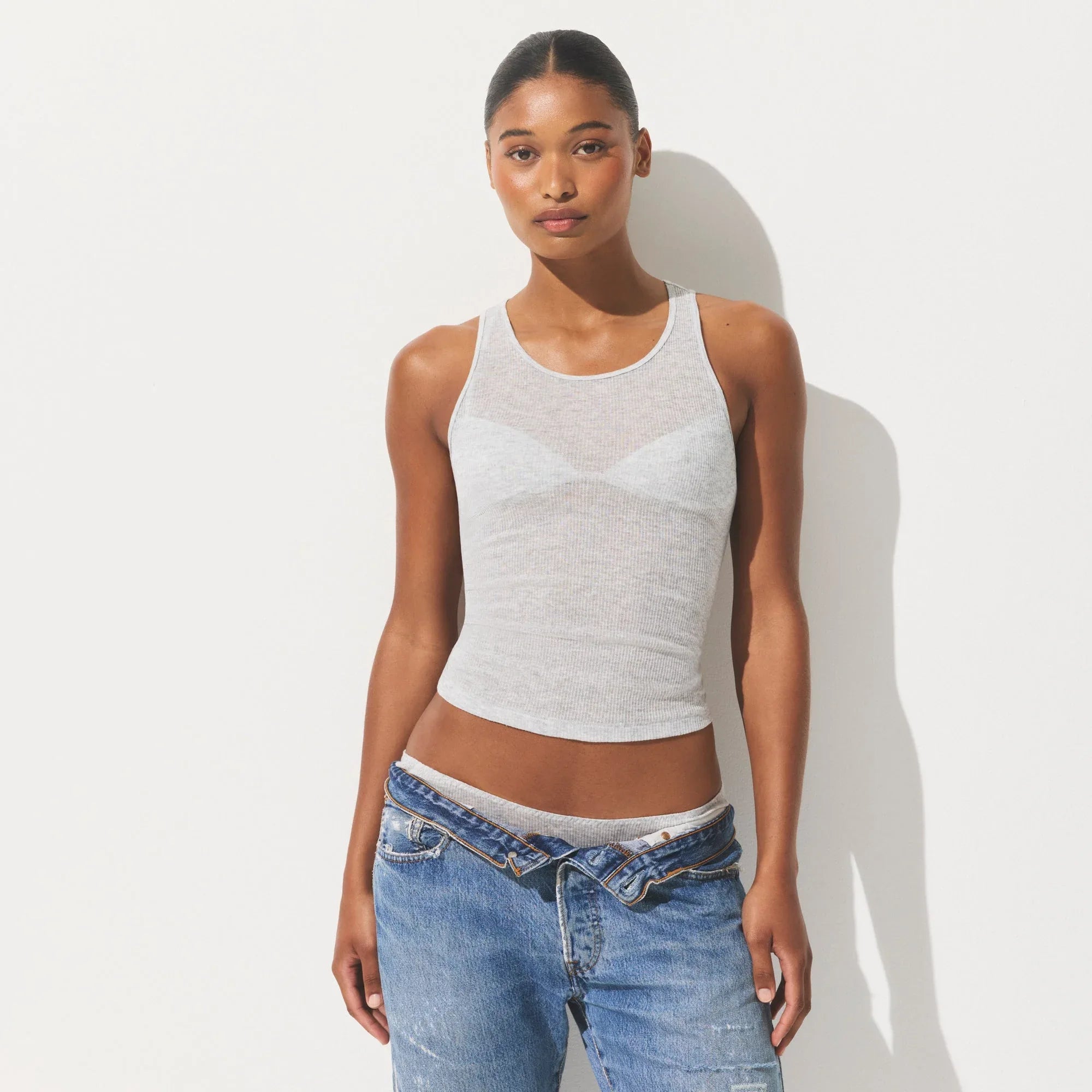 SKIMS SHEER COTTON RIB CREWNECK TANK | LIGHT HEATHER GREY - KAMİZ - My Suti
