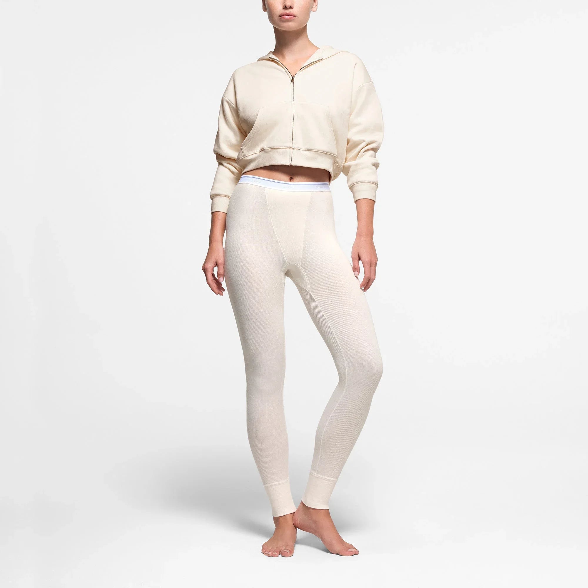 SKIMS COTTON FLEECE WAFFLE LINED SHRUNKEN ZIP UP HOODIE | ECRU - KAPŞONLU SWEATSHIRT - My Suti