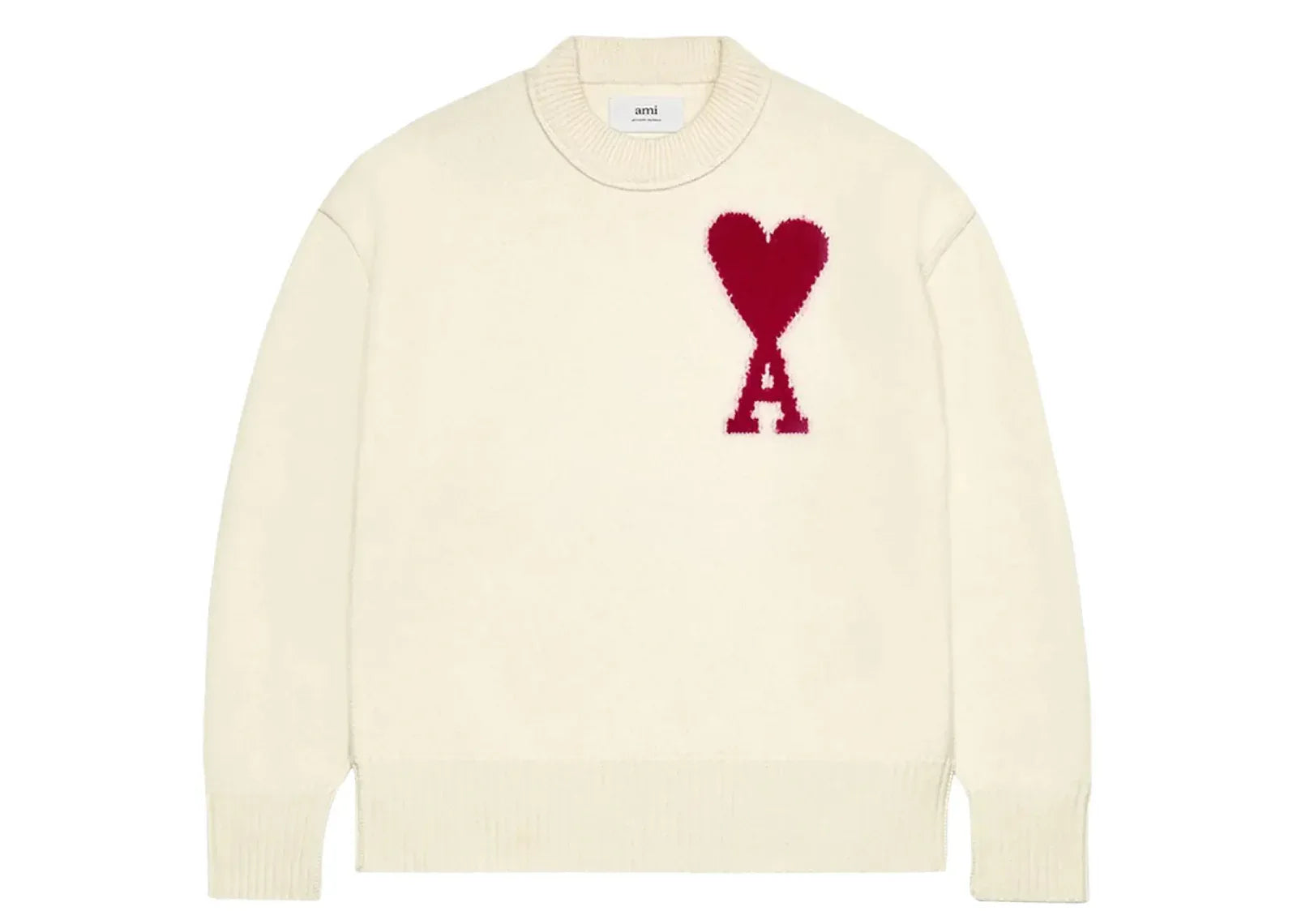Ami Paris Ami De Coeur Felted Merino Wool Sweater Off White/Red - My Suti