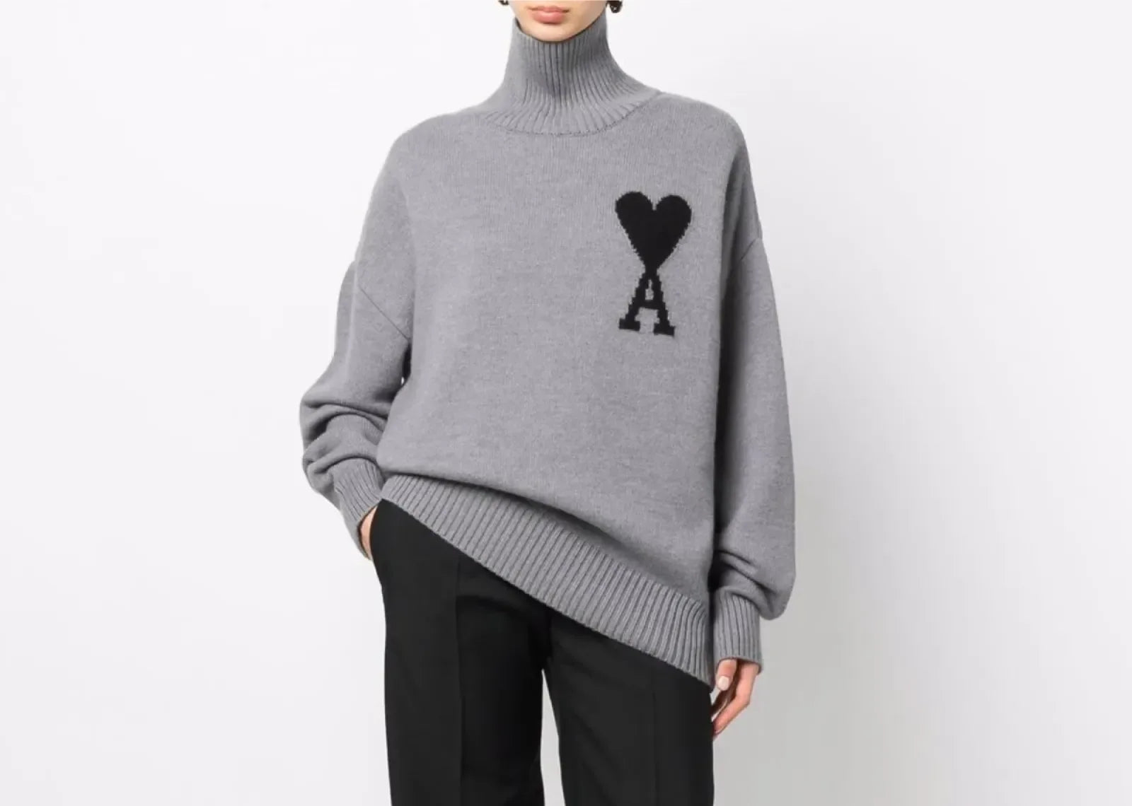 Ami Paris Ami De Coeur Roll Neck Jumper Grey - My Suti