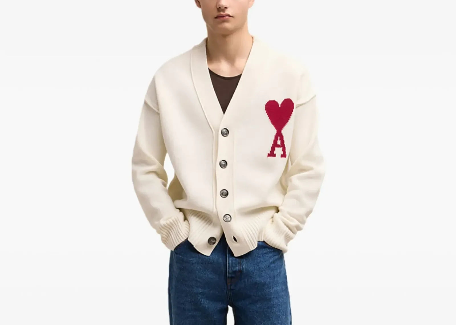 Ami Paris Ami De Coeur Wool Cardigan Cream White - My Suti