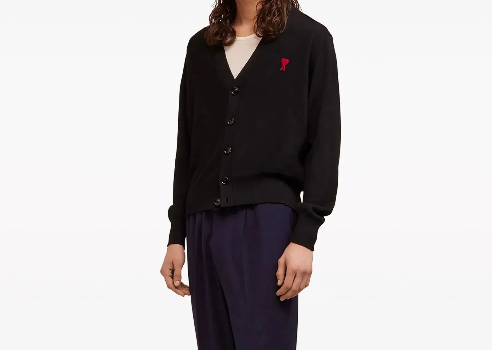 Ami Paris Logo Embroidered Wool Cardigan Black - My Suti