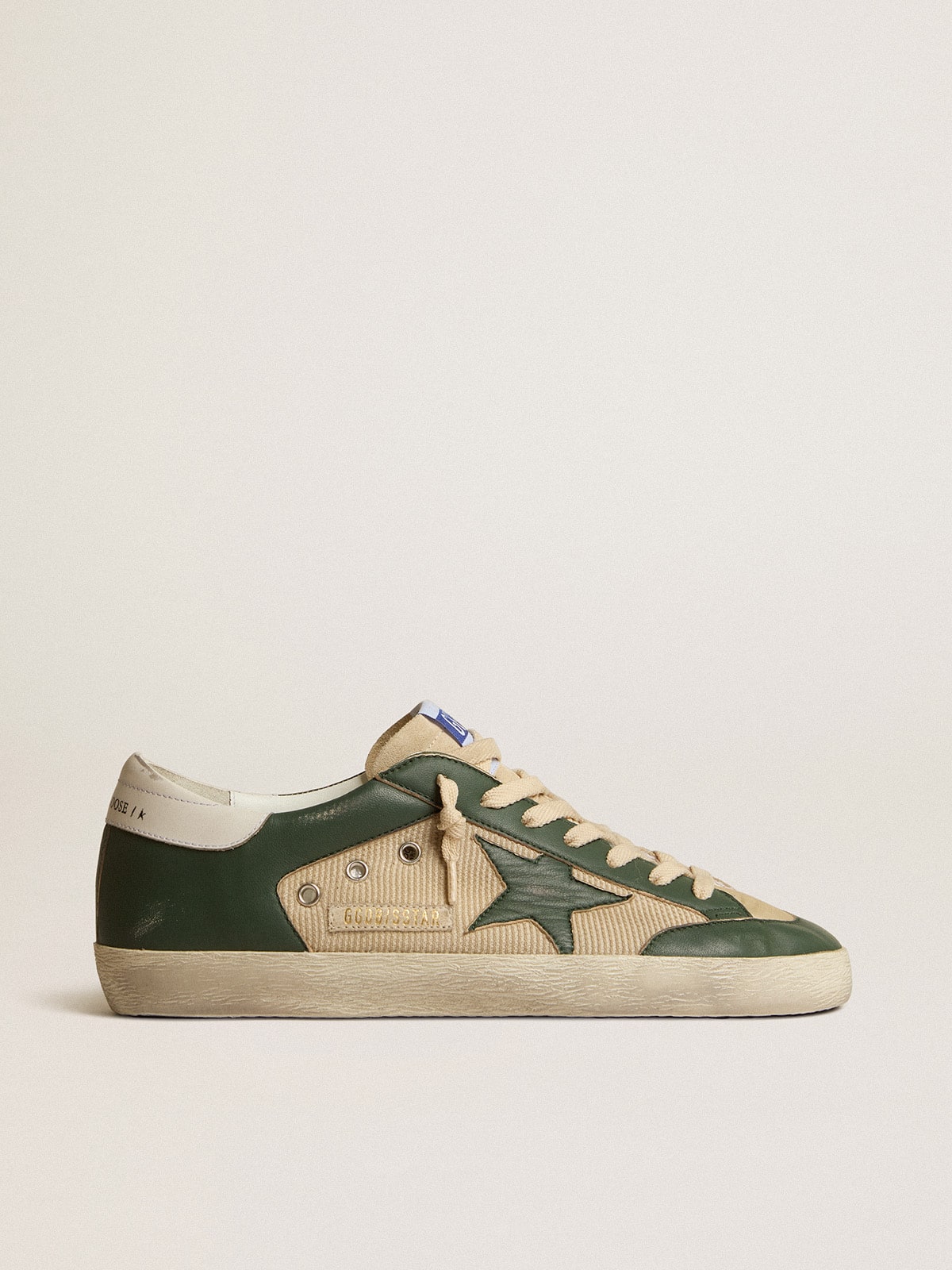 Golden Goose Men's Super-Star In Cream Mesh And Green Nappa With Nappa Star - Görsel 1