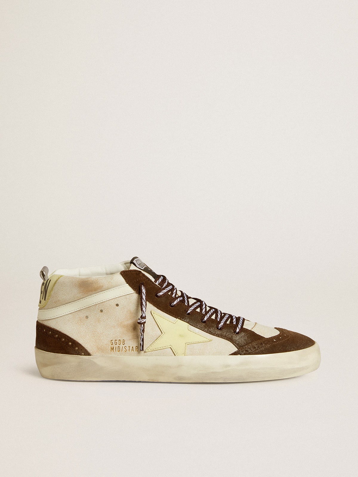 Golden Goose Men's Mid Star In Beige Glitter With Yellow Suede Star And Cotton Flash