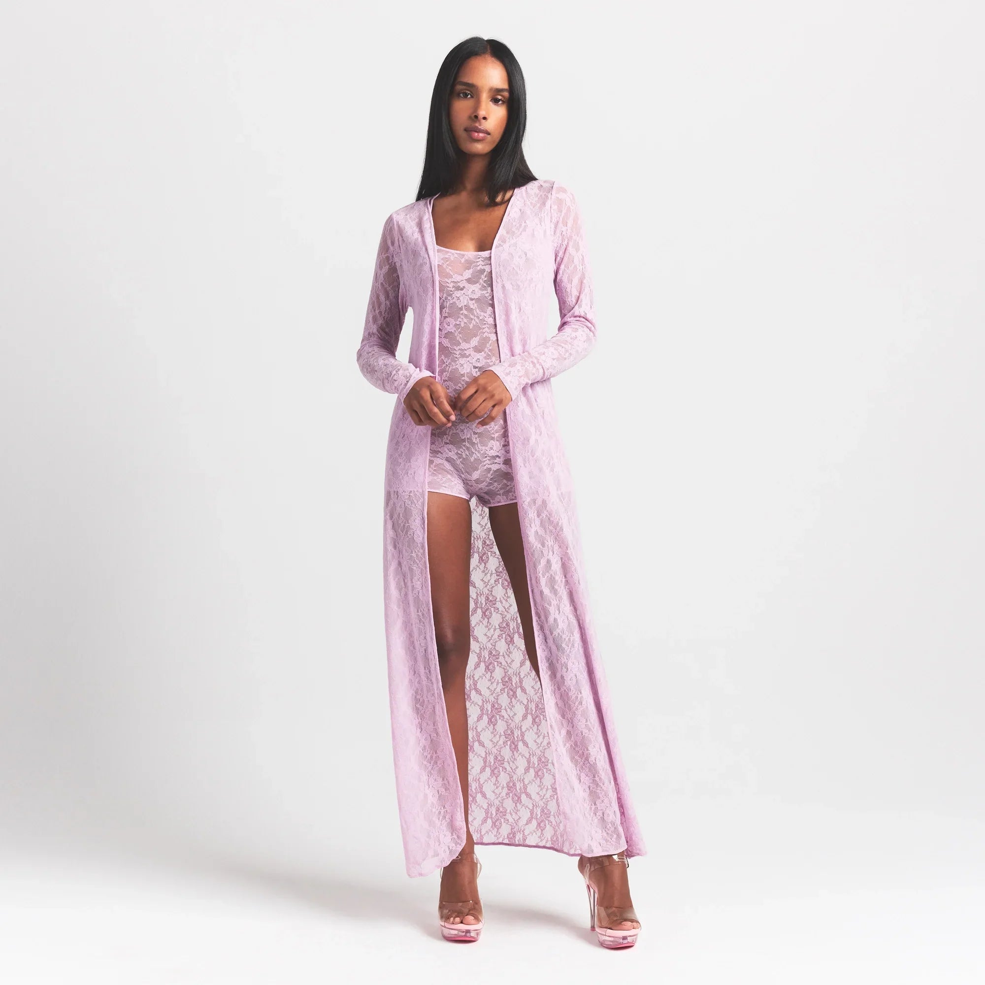 SKIMS STRETCH LACE LONG ROBE | BABY PINK - Görsel 1