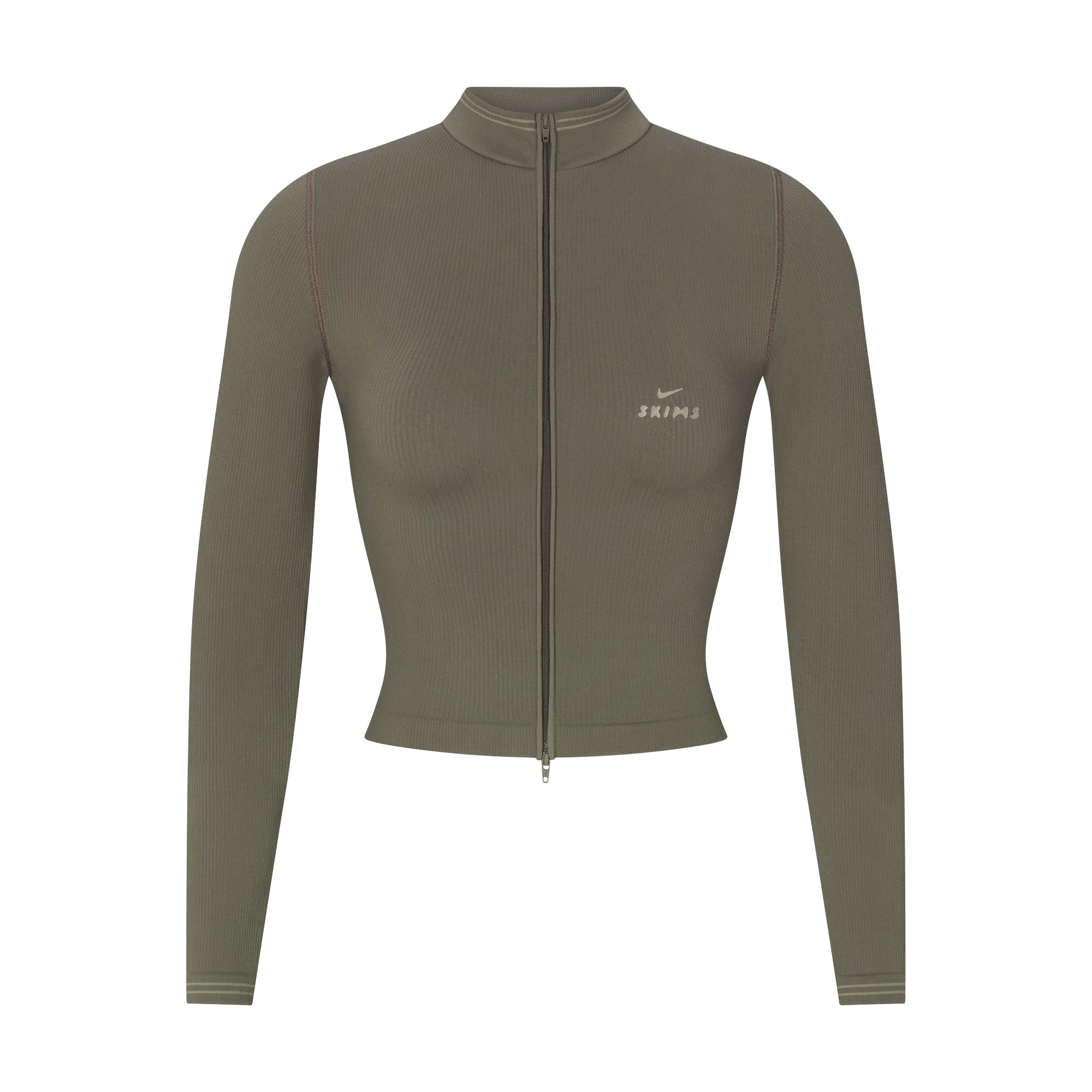 NikeSKIMS RIBBED SEAMLESS ZIP UP CROP JACKET | DUSTY OAKMOSS - Görsel 1