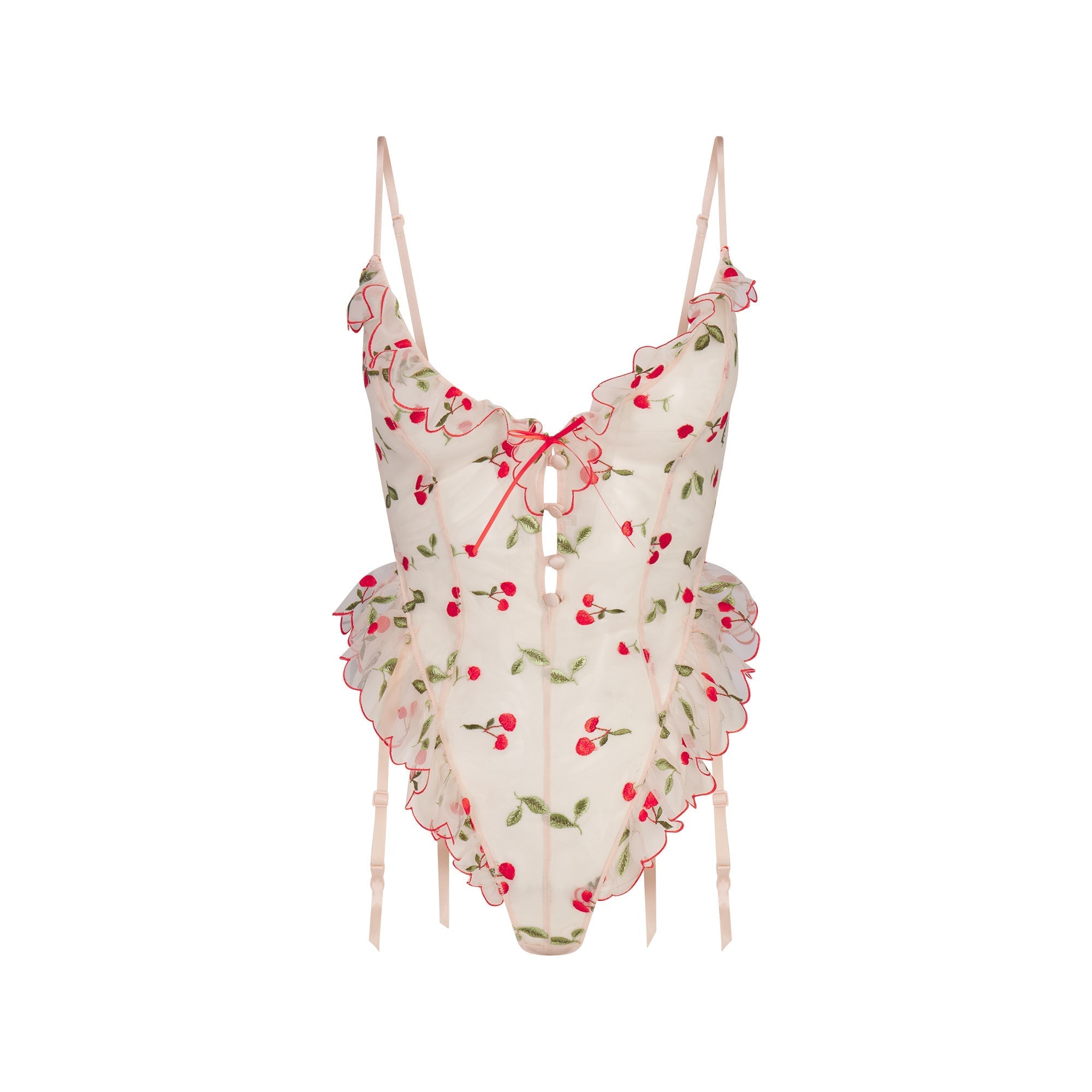 SKIMS EMBROIDERED TULLE GARTER TEDDY | PRIMROSE CHERRY TULLE - Görsel 1