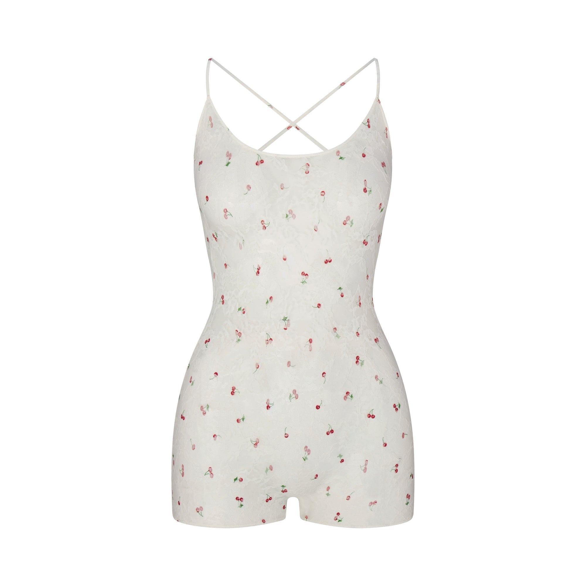 SKIMS STRETCH LACE LOW BACK ONESIE | IVORY CHERRY PRINT - Görsel 1
