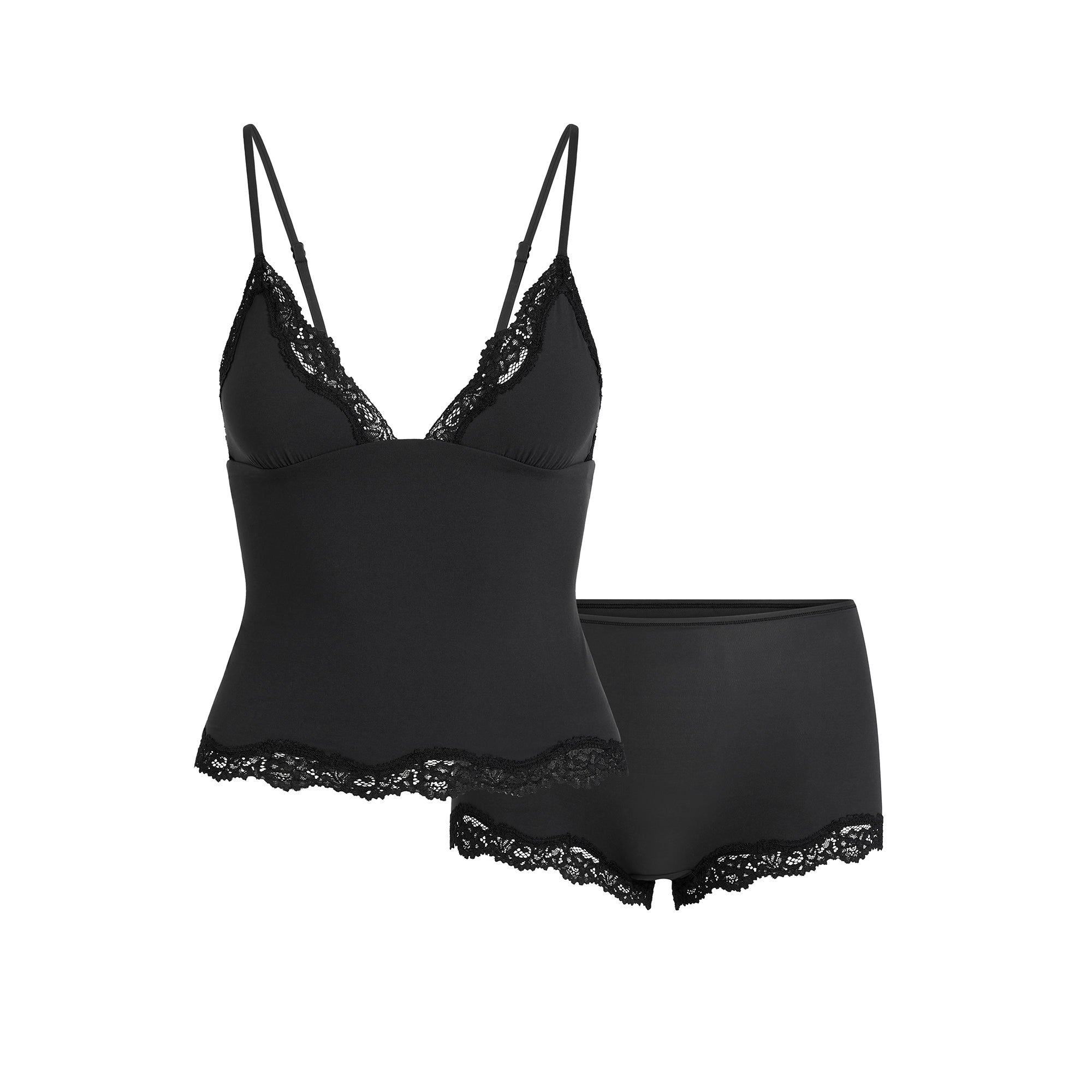 SKIMS FITS EVERYBODY LACE TRIANGLE CAMI AND BOY SHORT SET | ONYX - Görsel 1