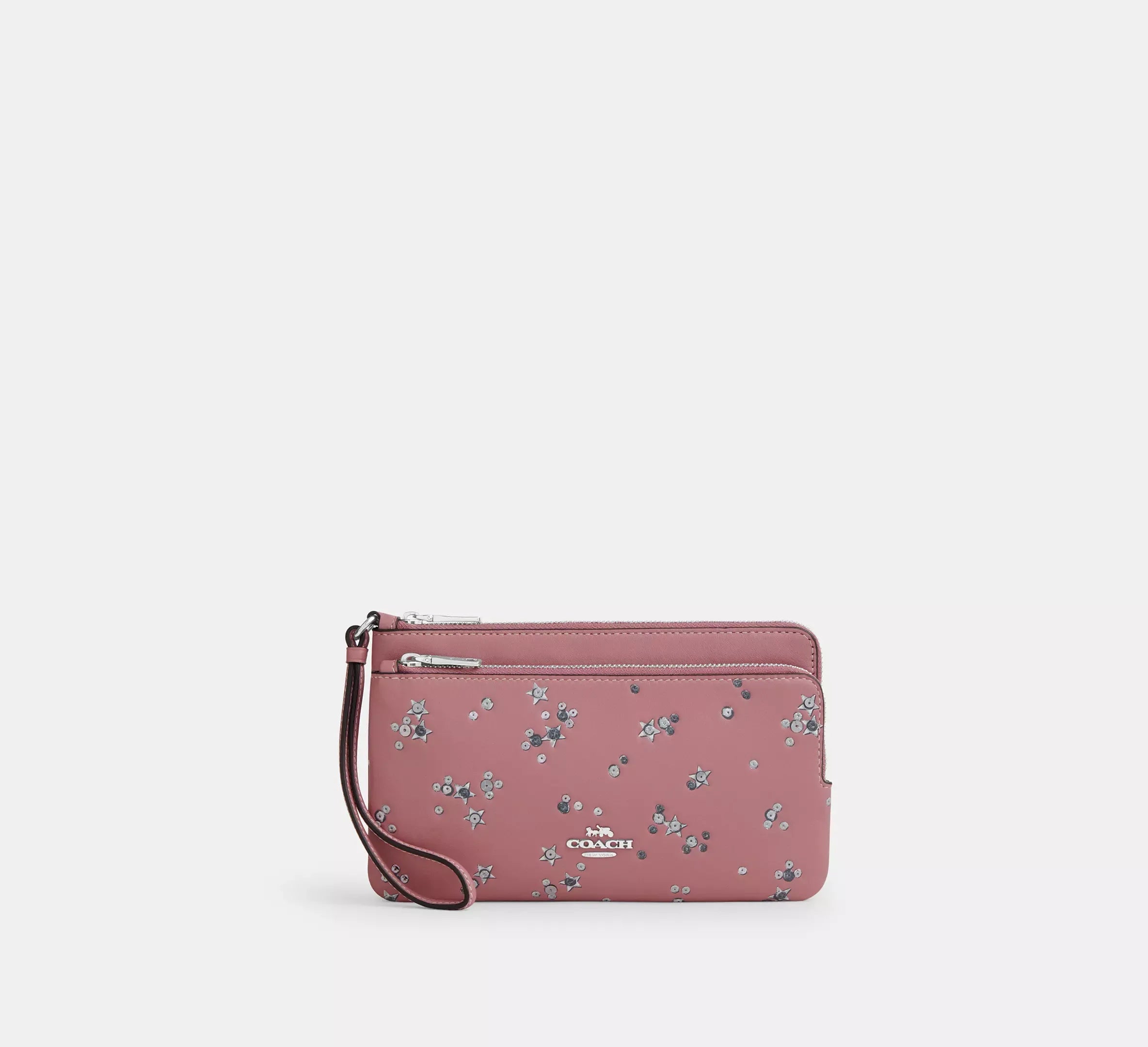 Coach Double Zip Wallet With Star Print - Silver/Dusty Pink Multi - My Suti