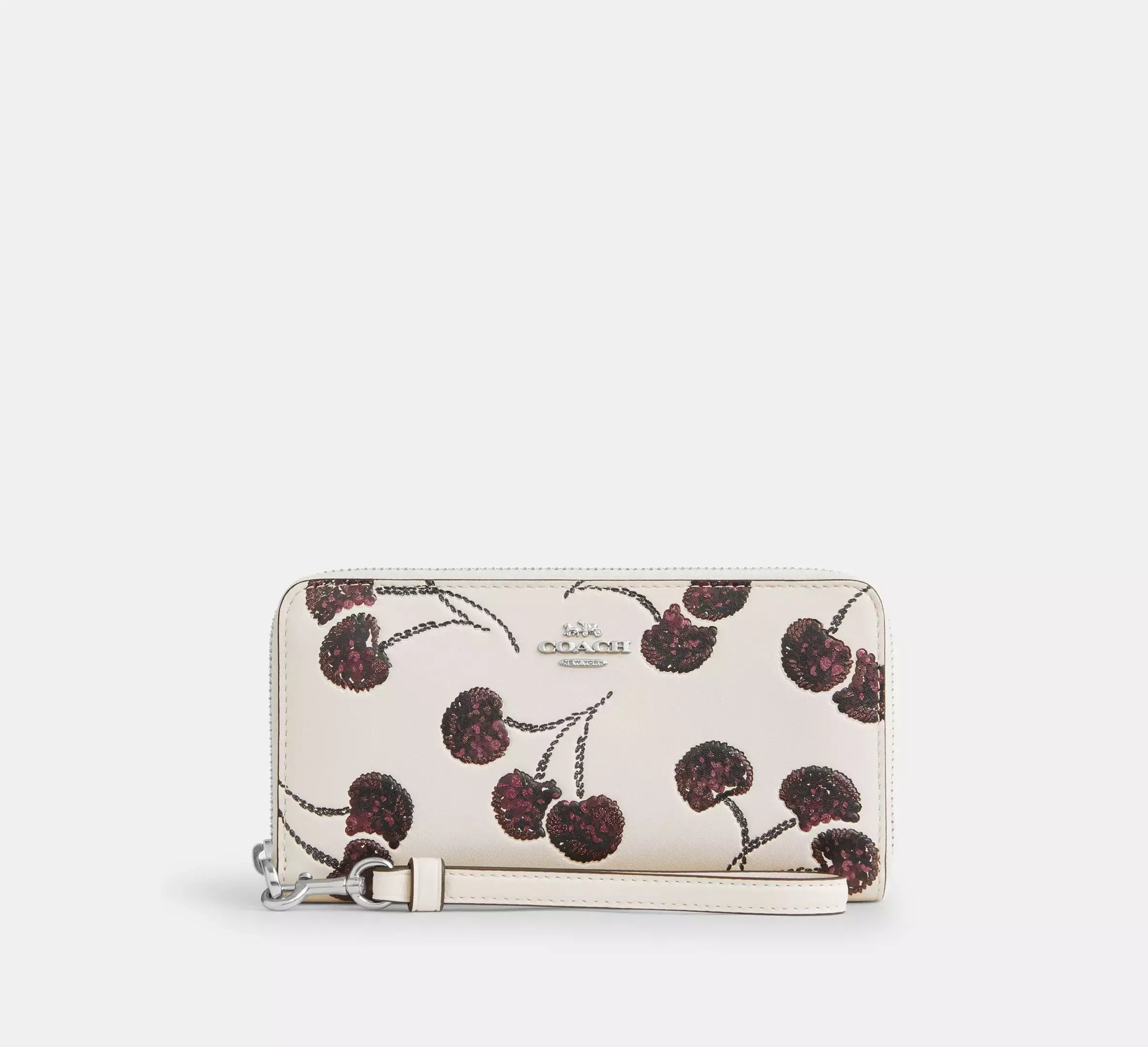 Coach Long Zip Around Wallet With Cherry Print - Silver/Chalk Multi - My Suti