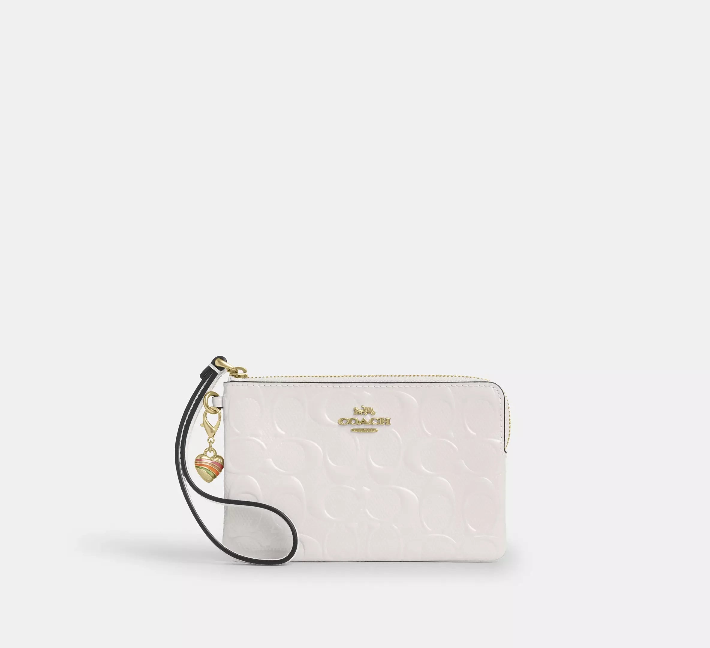 Coach Corner Zip Wristlet In Signature Leather With Heart Charm - Gold/Chalk - My Suti