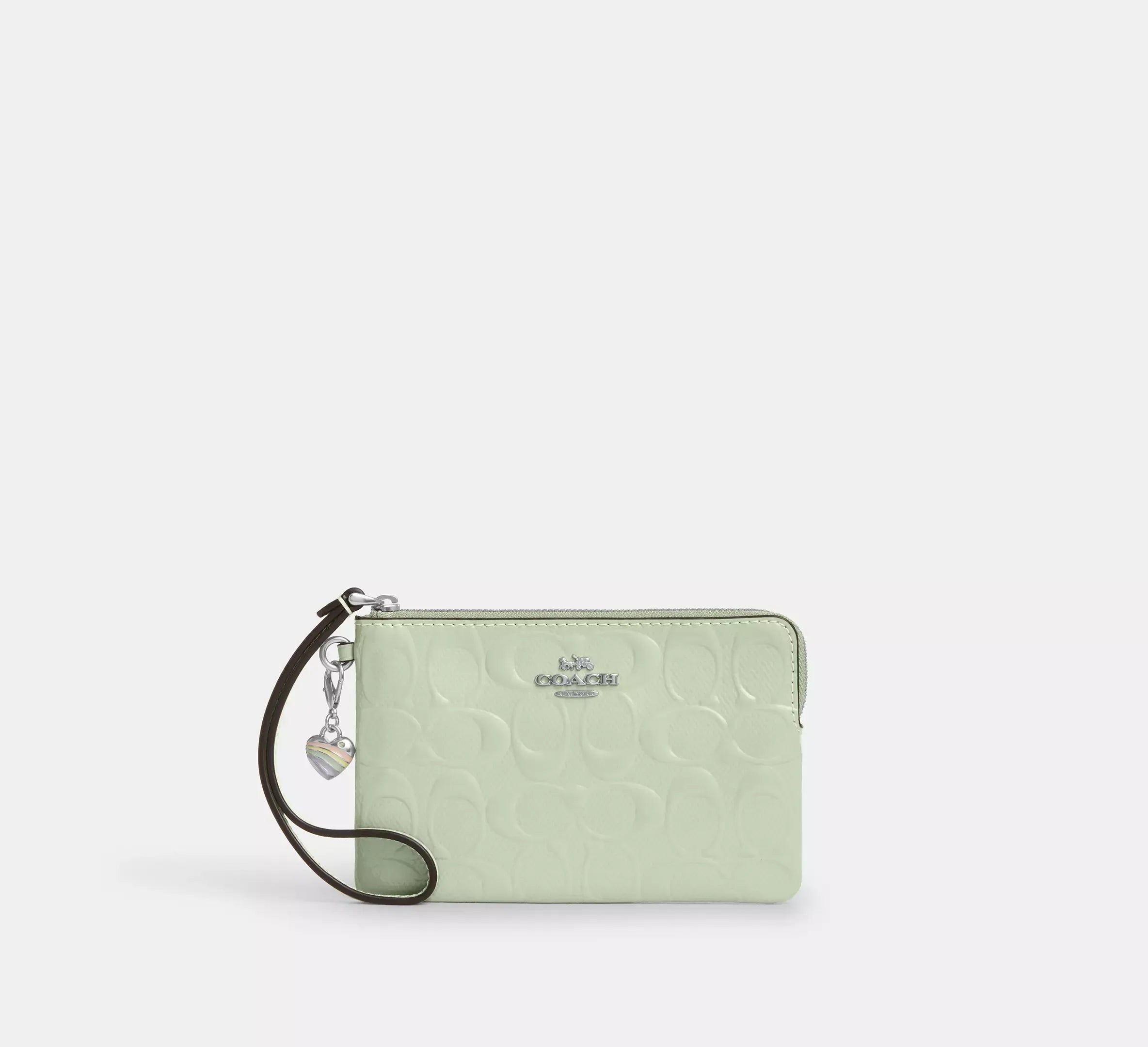 Coach Corner Zip Wristlet In Signature Leather With Heart Charm - Silver/Pale Green - My Suti