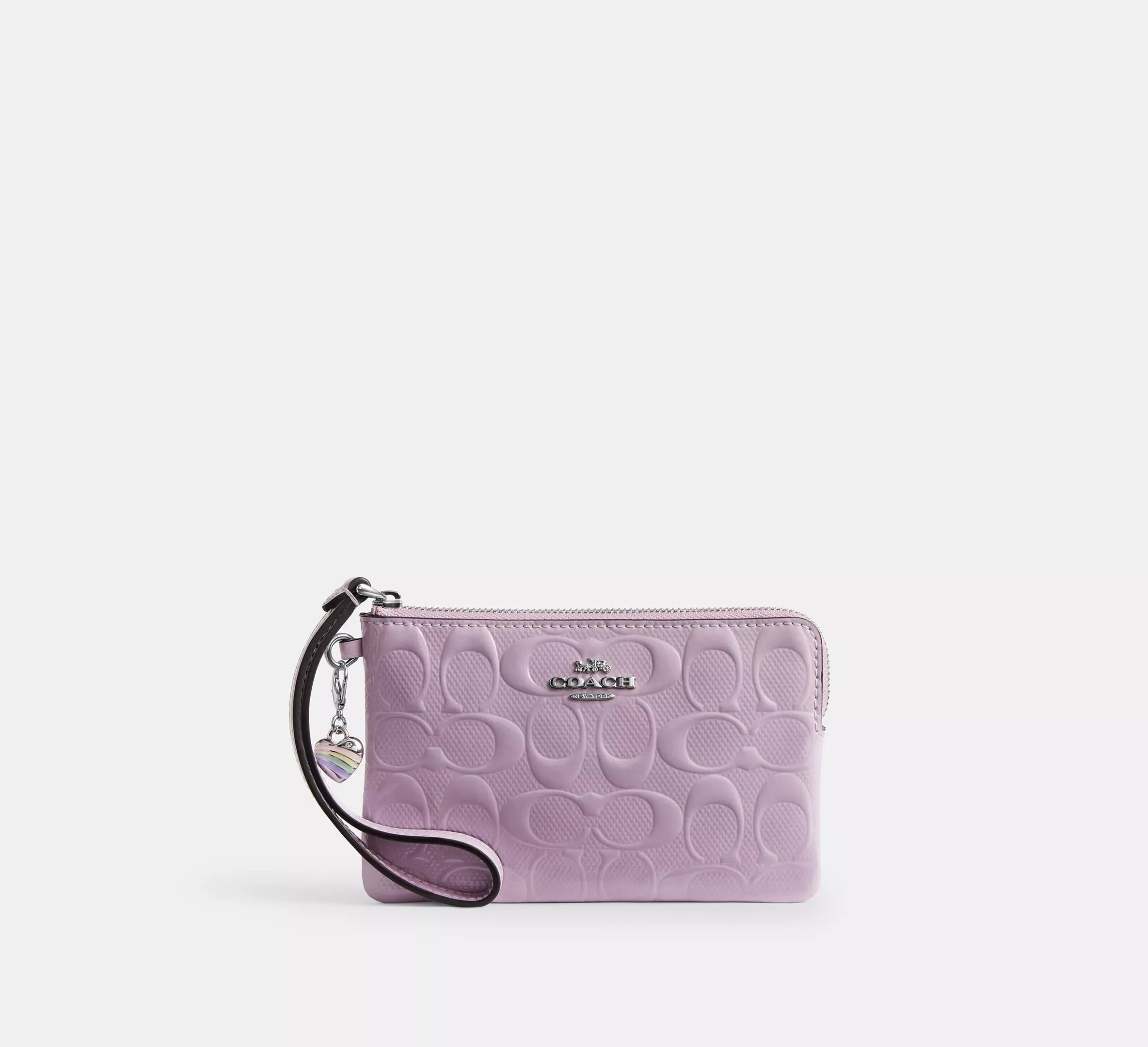 Coach Corner Zip Wristlet In Signature Leather With Heart Charm - Silver/Light Violet - My Suti