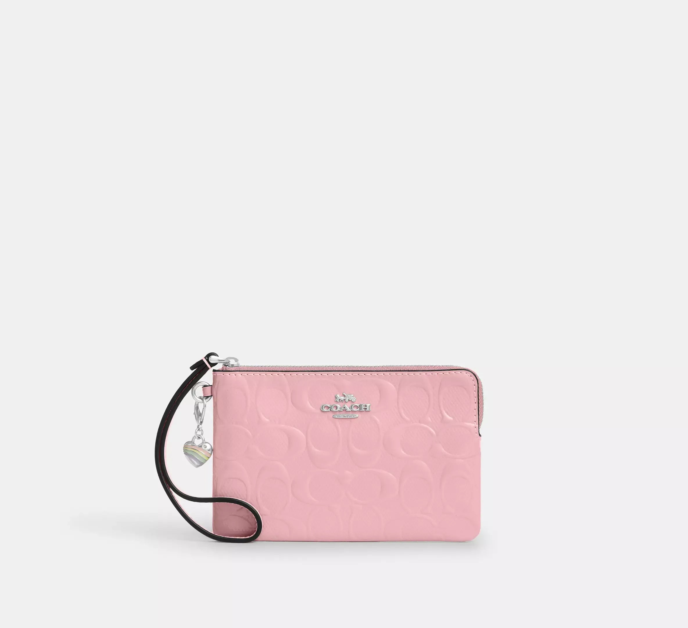 Coach Corner Zip Wristlet In Signature Leather With Heart Charm - Silver/Pink - My Suti