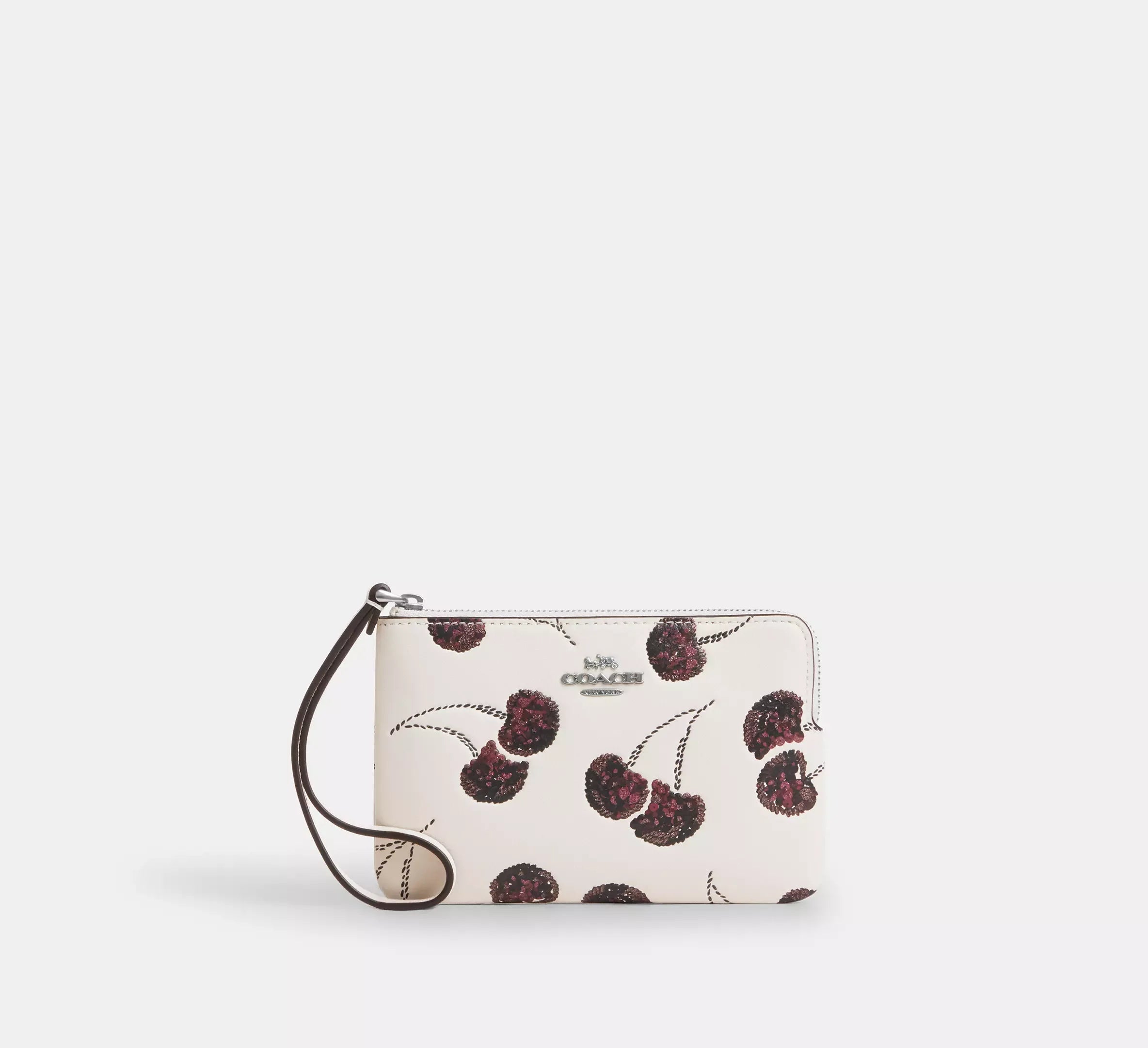 Coach Corner Zip Wristlet With Cherry Print - Silver/Chalk Multi - My Suti
