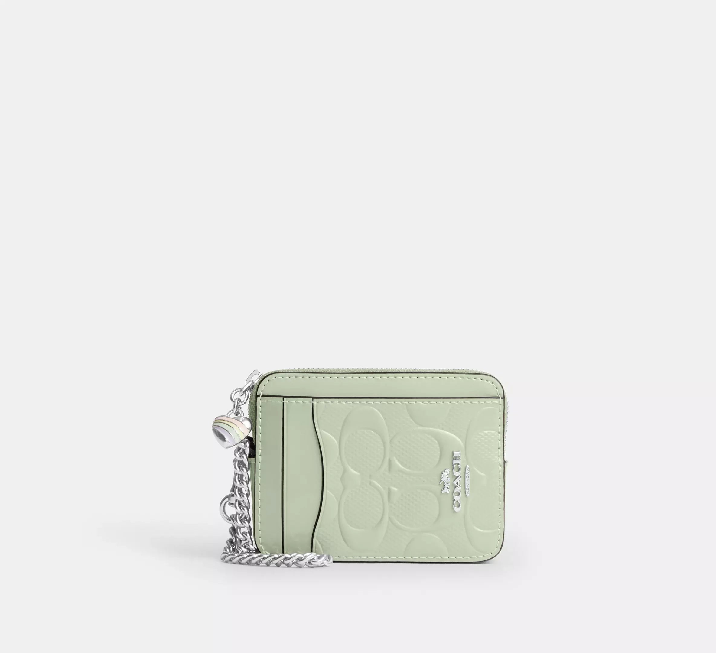 Coach Zip Card Case In Signature Leather With Heart Charm - Silver - My Suti Coach Zip Card Case In Signature Leather With Heart Charm - Silver - My Suti