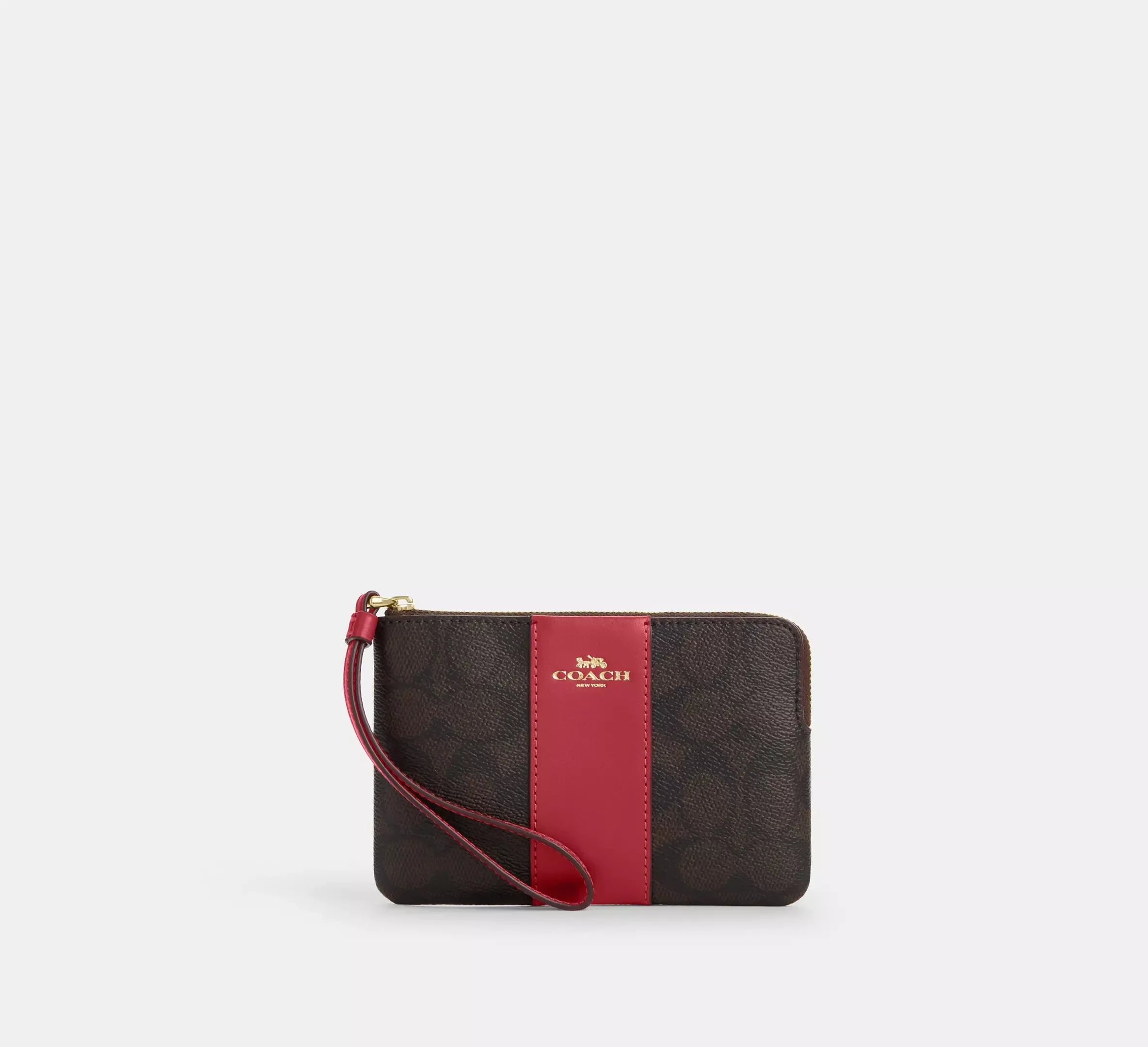 Coach Corner Zip Wristlet In Signature With Stripe - Im/Walnut/True Red - My Suti