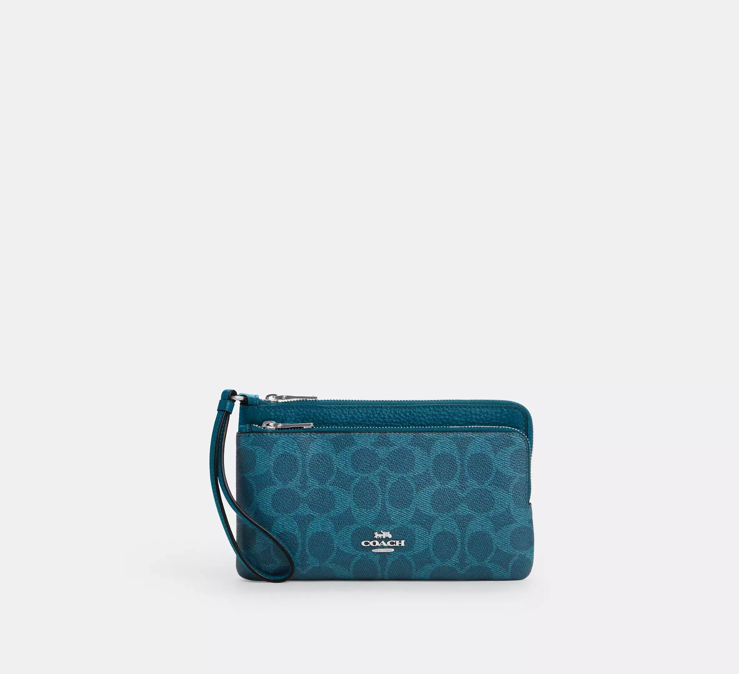 Coach Double Zip Wallet In Signature - Silver/Aquamarine - My Suti